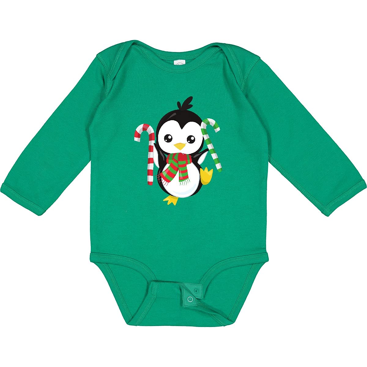 Inktastic Christmas Penguin with Scarf & Candy Cane Print - Festive Holiday Long Sleeve Baby Bodysuit - Perfect for Family Photos, Xmas Parties & Winter Celebrations
