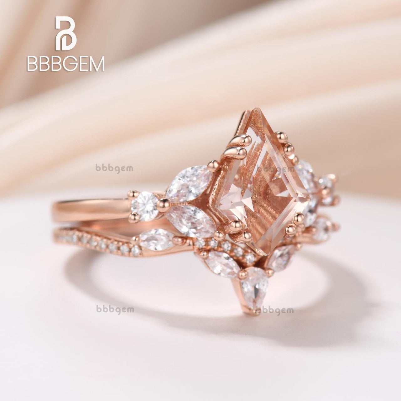 18K Rose Gold Morganite Wedding Ring Set - Kite Shape Peach Morganite Bridal Ring for Women | Perfect for Engagement, Proposal & Anniversary Gifts
