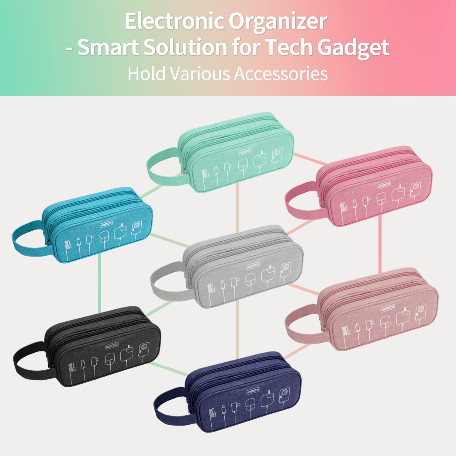HESTECH Waterproof Electronics Organizer Bag - Pink Medium Double Layer Travel Charger Case for Phone, Mouse, Earbuds, USB Drive - Perfect for Office, Travel & Daily Storage Needs