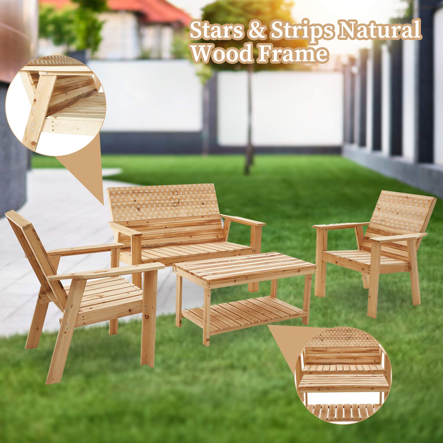 Patio Furniture Set 4-Piece Outdoor Conversation Set with Wood Armrest Loveseat, Lounge Chair, and Stars & Stripes Printed Coffee Table - Perfect for Backyard, Garden, Deck, and Poolside Relaxation