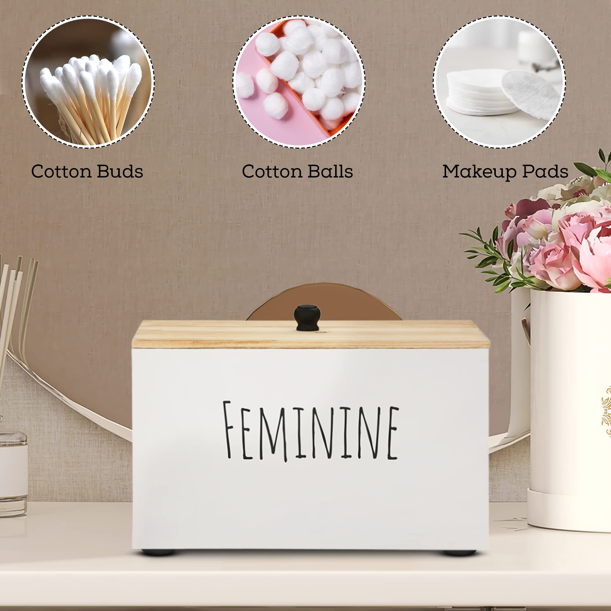 Organic Cotton Tampon Holder & Feminine Product Organizer - Rustic Farmhouse Wood Storage Box for Bathroom, Vanity or Bedroom - White Hygienic Pad Container with Lid - Perfect for Home Decor & Women's Essentials Organization