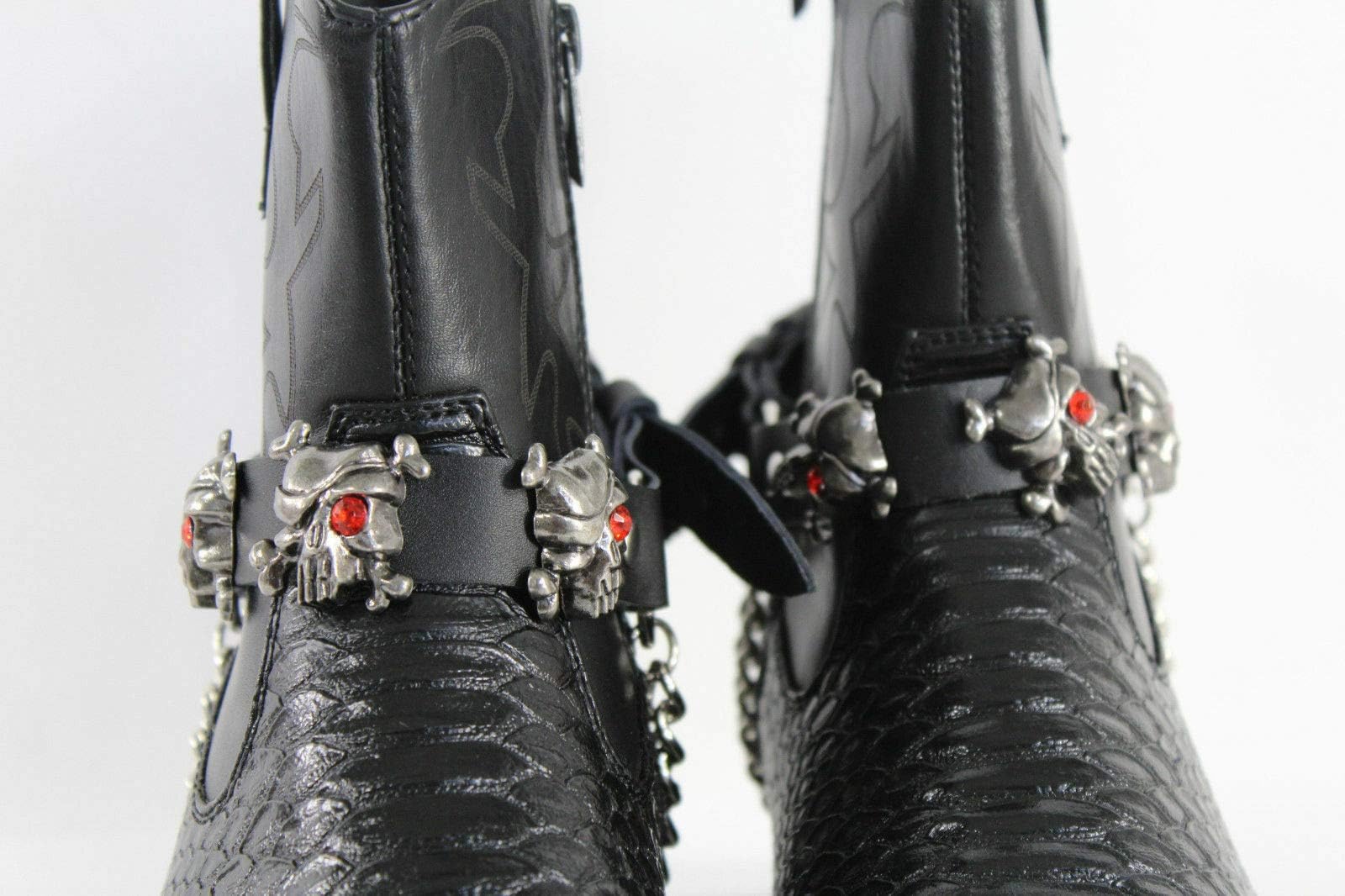 Men's Western Boot Bracelet - Silver Chain & Black Leather Strap with Pirate Skull Design - Chunky Statement Bangle Jewelry for Cowboy, Biker & Rock Fashion Accessories
