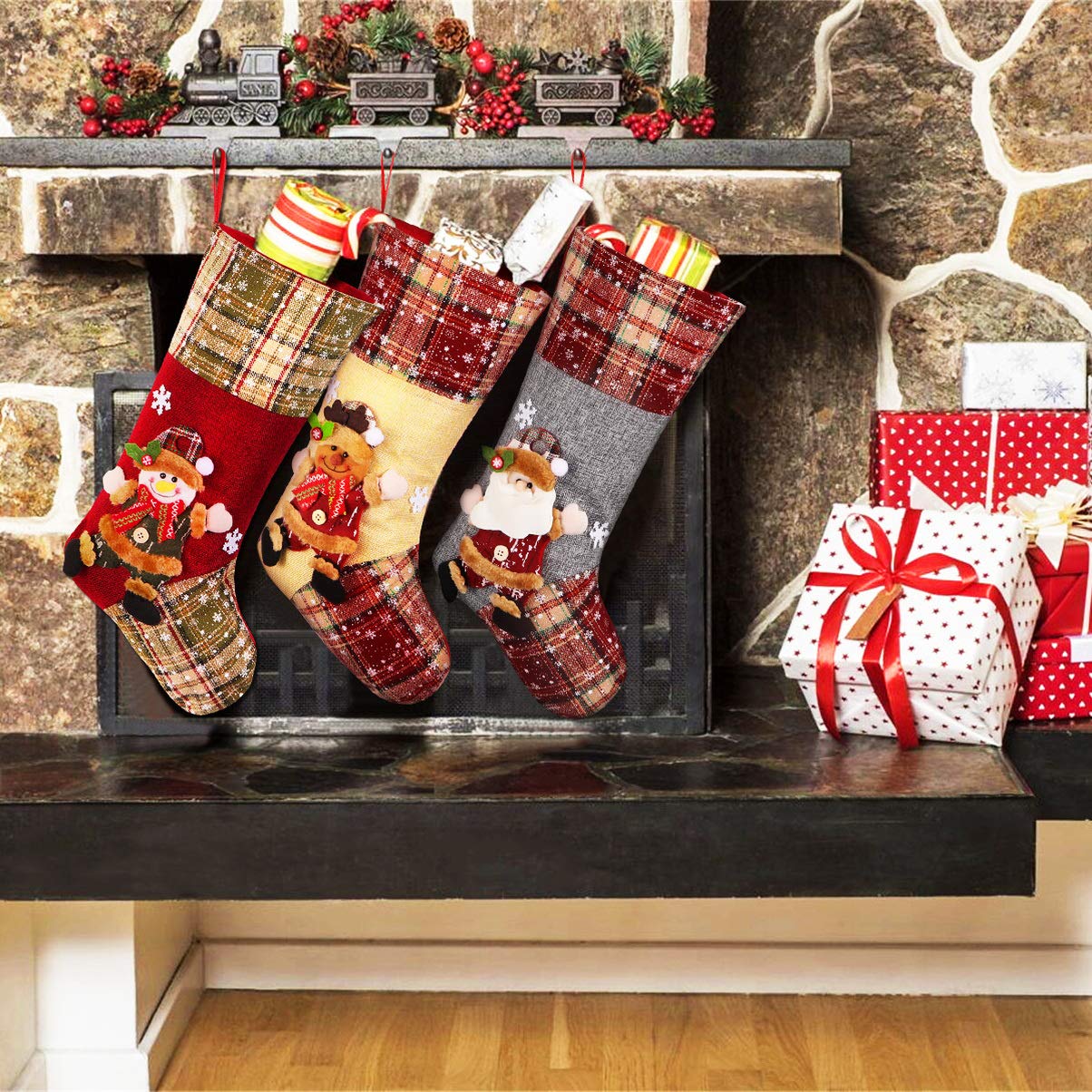 Festive Christmas Stockings Set of 3 - Santa, Snowman & Reindeer Holiday Decor (18