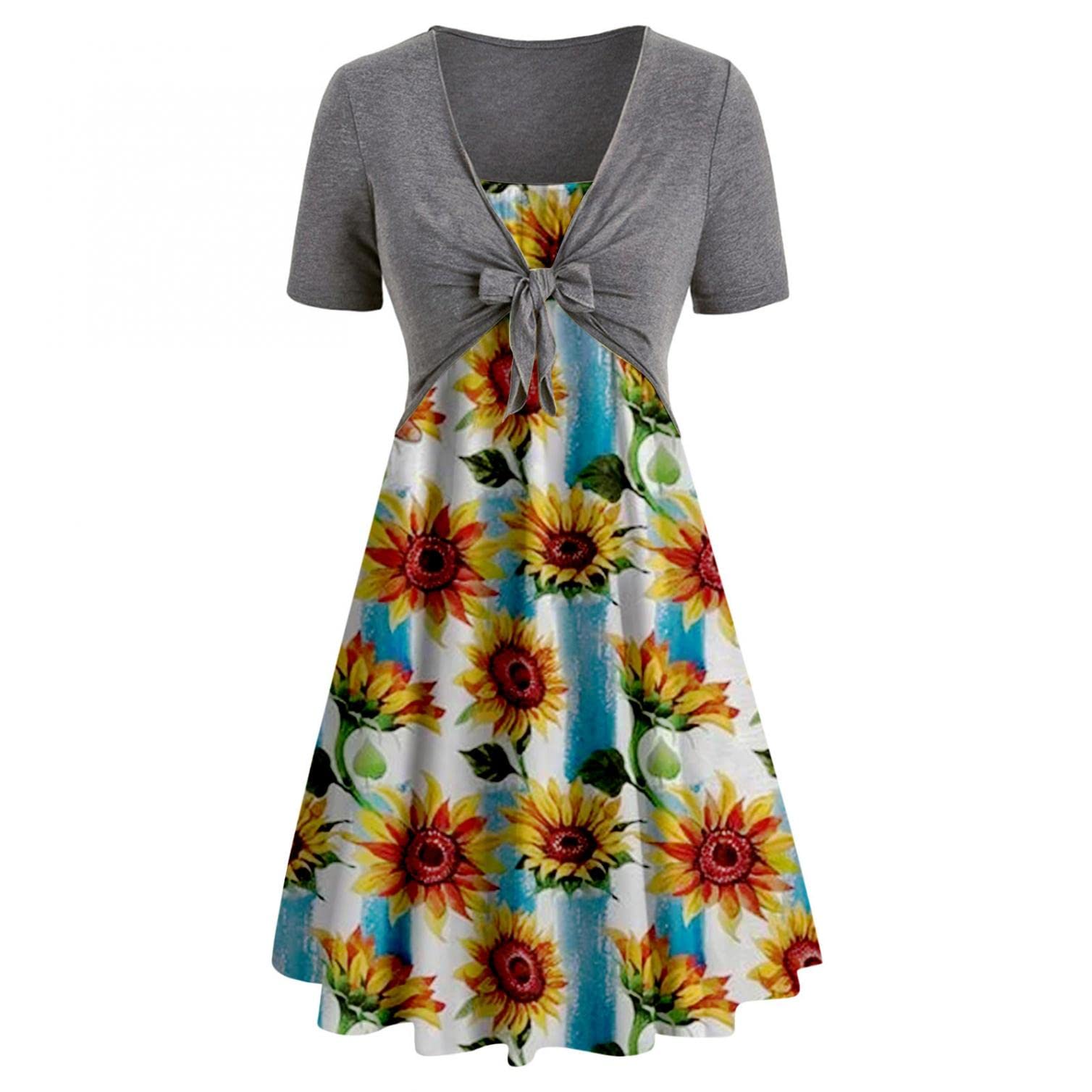 Women's Floral Print Cross Knot Bandage Dress - Short Sleeve V-Neck A-Line Mini Cocktail Dress for Casual Wear, Date Night & Summer Parties