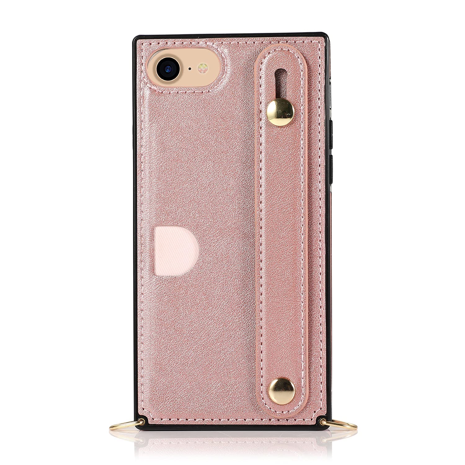 Slim Leather Wallet Case for iPhone 6/7/8 with Card Holder, Hand Strap & Adjustable Shoulder Strap - Rose Gold | Crossbody Phone Cover with Kickstand for Daily Use, Shopping & Travel