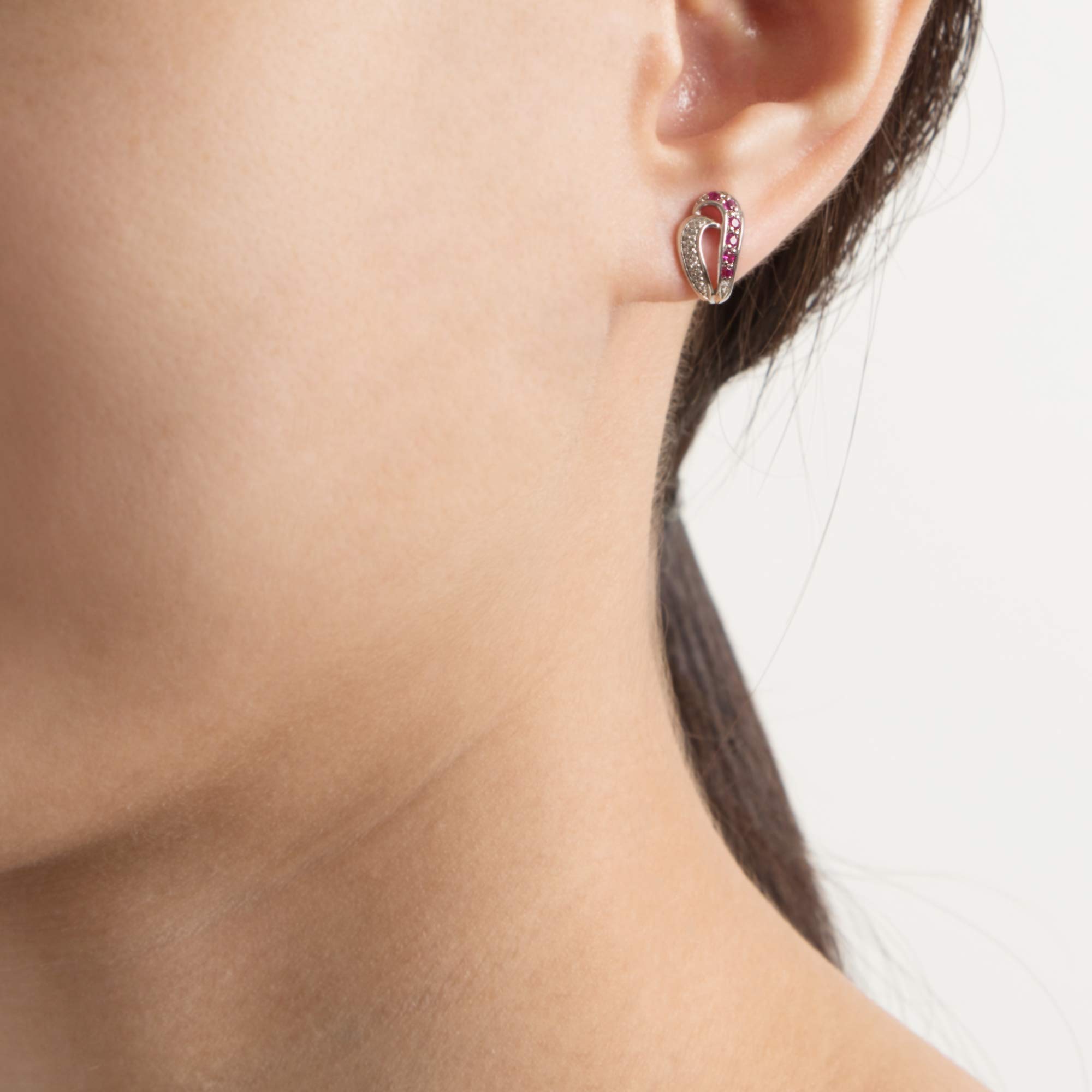 10K White Gold Emerald and Ruby Earrings with Diamond Accents - Elegant Harp Design for Women, May Birthstone Jewelry - Perfect for Weddings, Anniversaries & Special Occasions