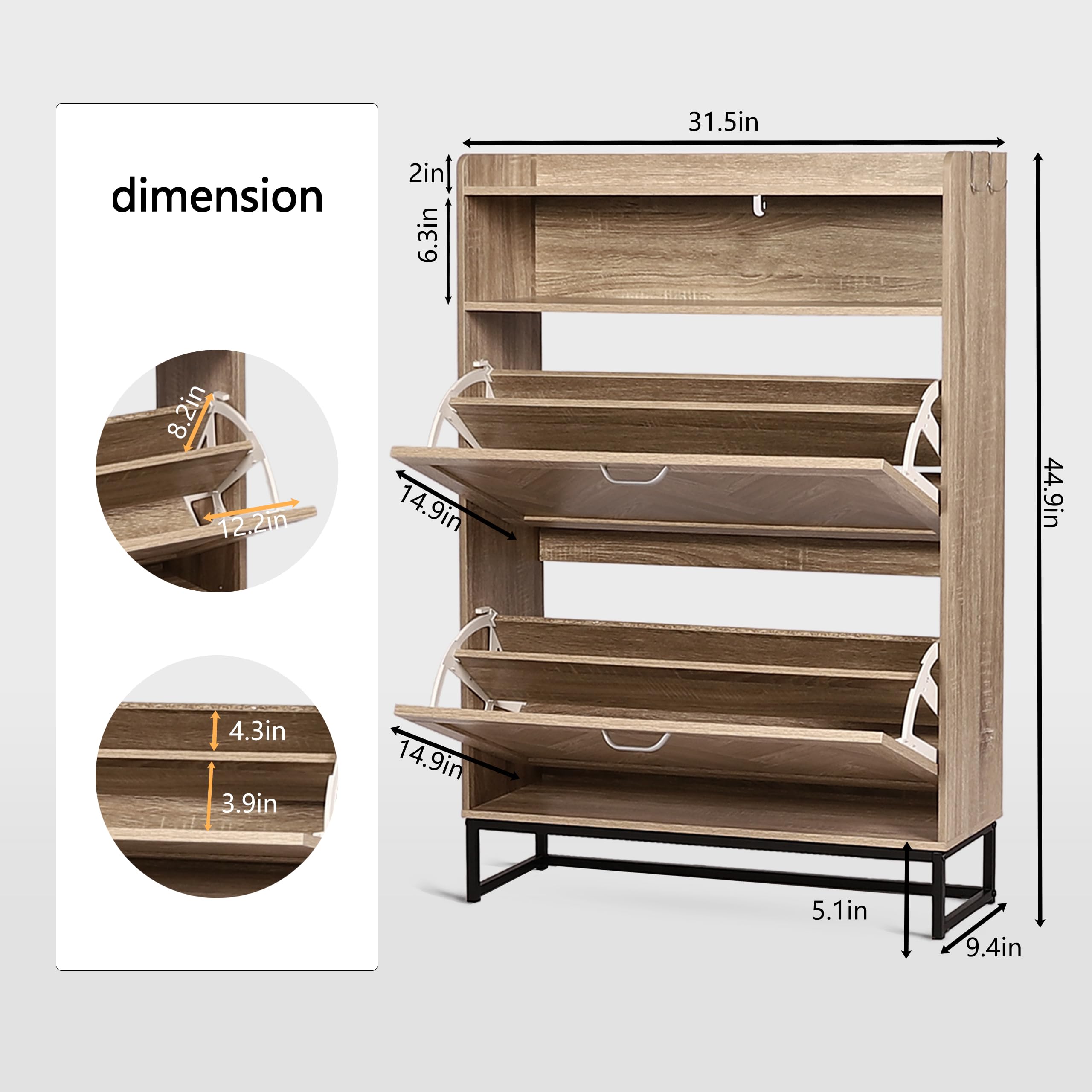 4-Tier Flip-Drawer Shoe Storage Cabinet - Space-Saving Entryway Shoe Organizer with Metal Legs & Open Storage - Freestanding Narrow Shoe Rack for Foyer, Hallway - Perfect for Small Spaces & Apartment Living