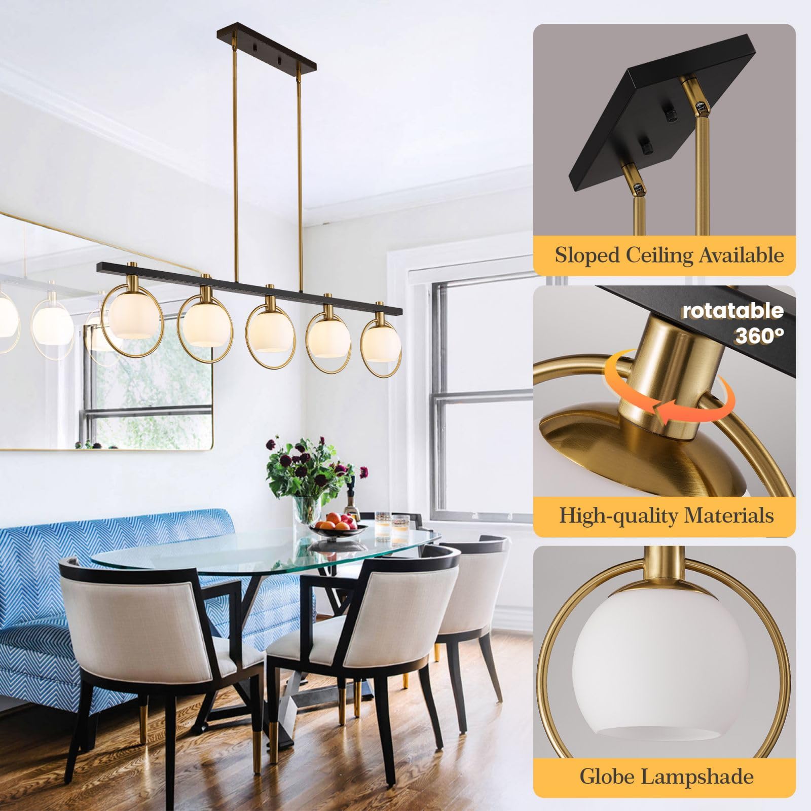 5-Light Black and Gold Farmhouse Linear Chandelier - Modern Kitchen Island Pendant Light with Glass Shade for Dining Room & Table Lighting | Perfect for Rustic Home Decor and Open Concept Spaces