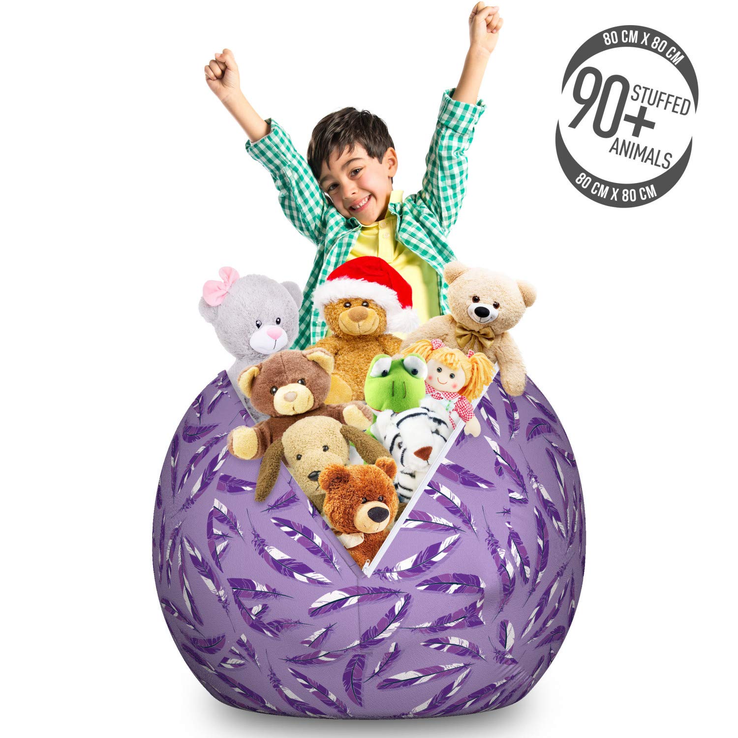 Ambesonne Large Dark Purple Toy Storage Bag Chair with Feather Design - Washable Stuffed Animal Organizer for Kids Room (Lavender Fuchsia) - Perfect for Playroom Organization & Bedroom Decor