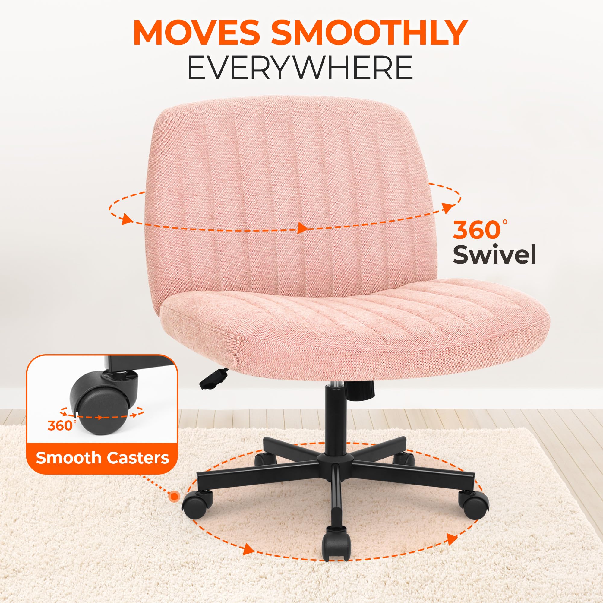 Orange Factory Criss Cross Chair with Wheels - Adjustable Rolling Armless Office Chair for Home & Desk, Comfy Cross-Legged Vanity Makeup Chair in Soft Fabric (Pink) - Perfect for Home Office, Gaming & Beauty Stations
