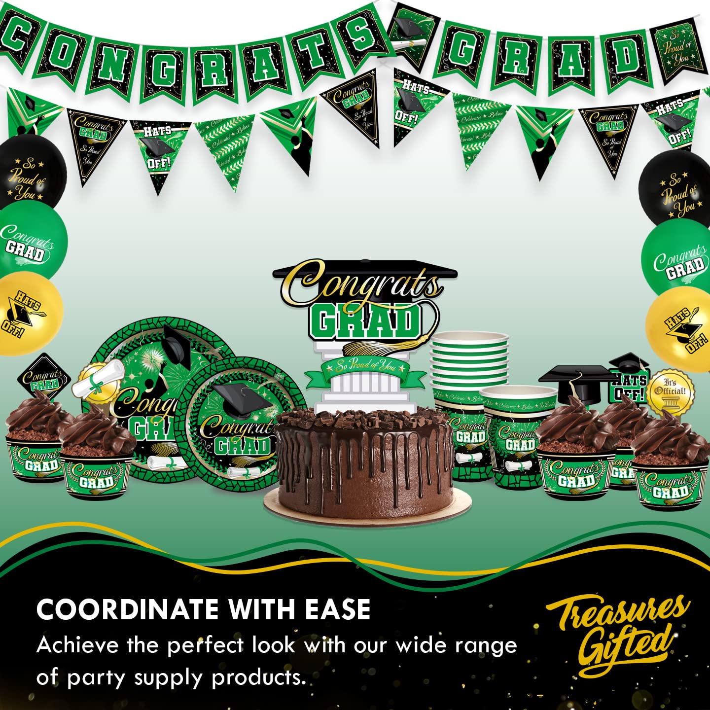 Treasures Gifted Green Graduation Dinnerware Set - 16-Piece Classic Plates, Napkins & Cups for Class of 2025 - Eco-Friendly Grad Party Decorations - Perfect for Graduation Celebrations, Banquets & School Events