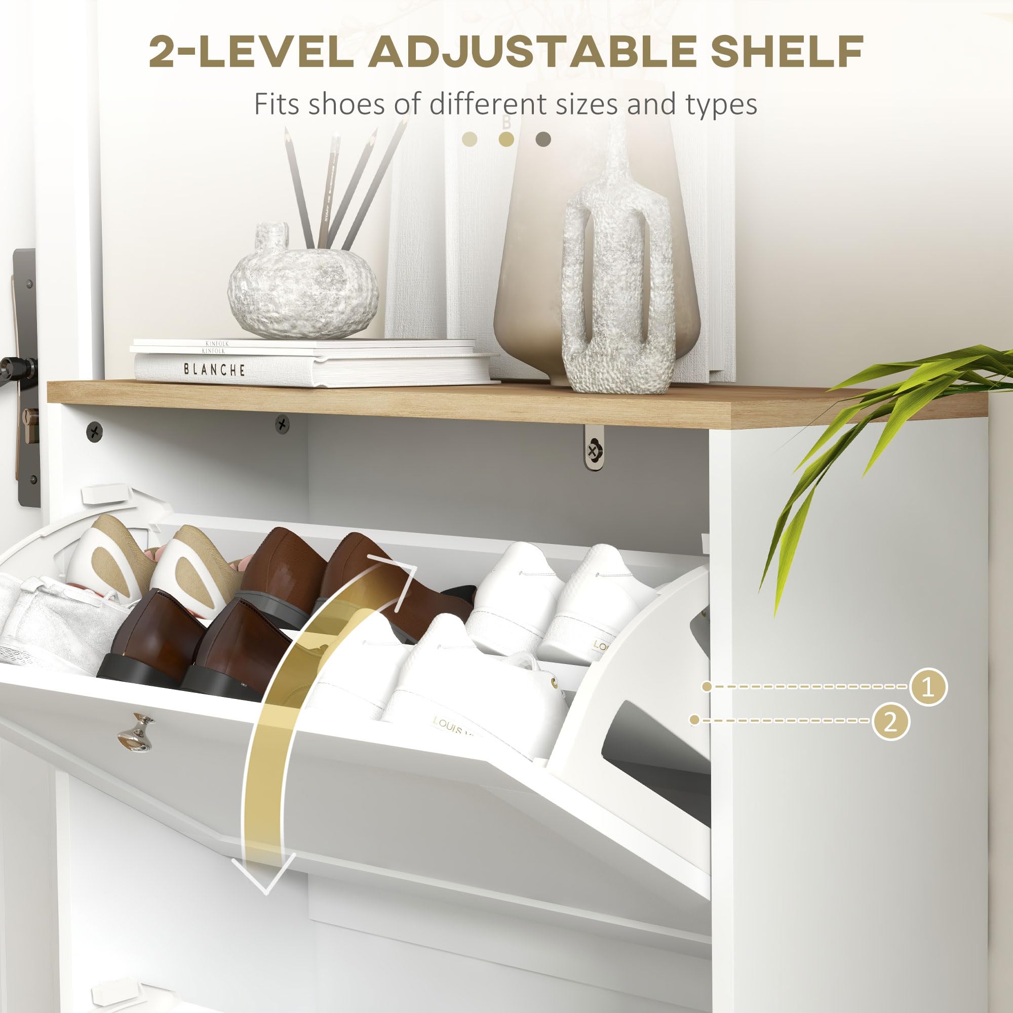 HOMCOM Modern Slim Shoe Storage Cabinet with 2 Flip Drawers & Adjustable Shelves - Holds 12 Pairs of Shoes - White Entryway Organizer for Hallway, Bedroom or Closet Space Saving Solution