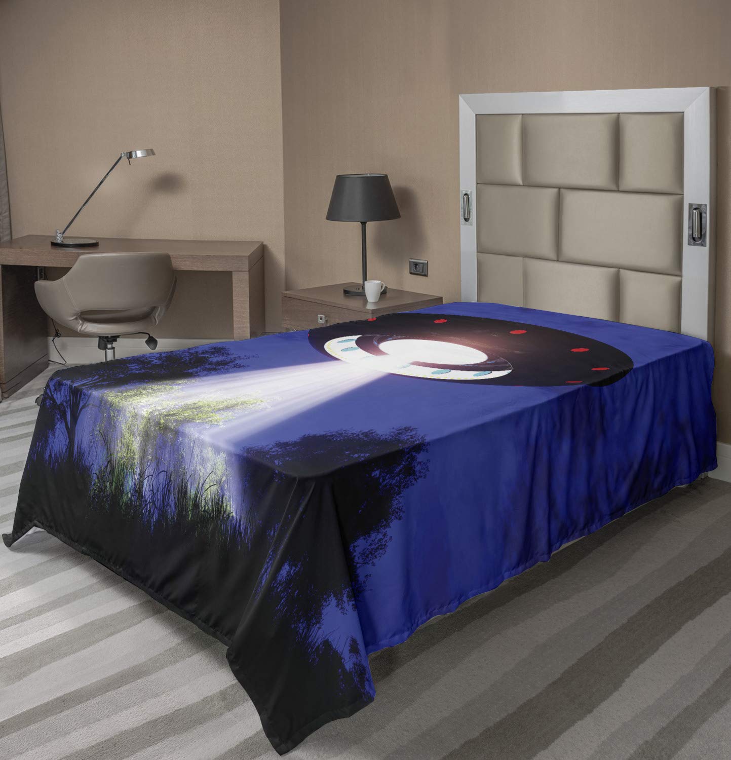 Ambesonne UFO Twin Size Flat Sheet - Soft, Comfortable Science Fiction Themed Bedding with Aliens & Space Travel Design, Multicolor Woodland Night Scenery - Perfect for Sci-Fi Fans' Bedrooms & Themed Decor