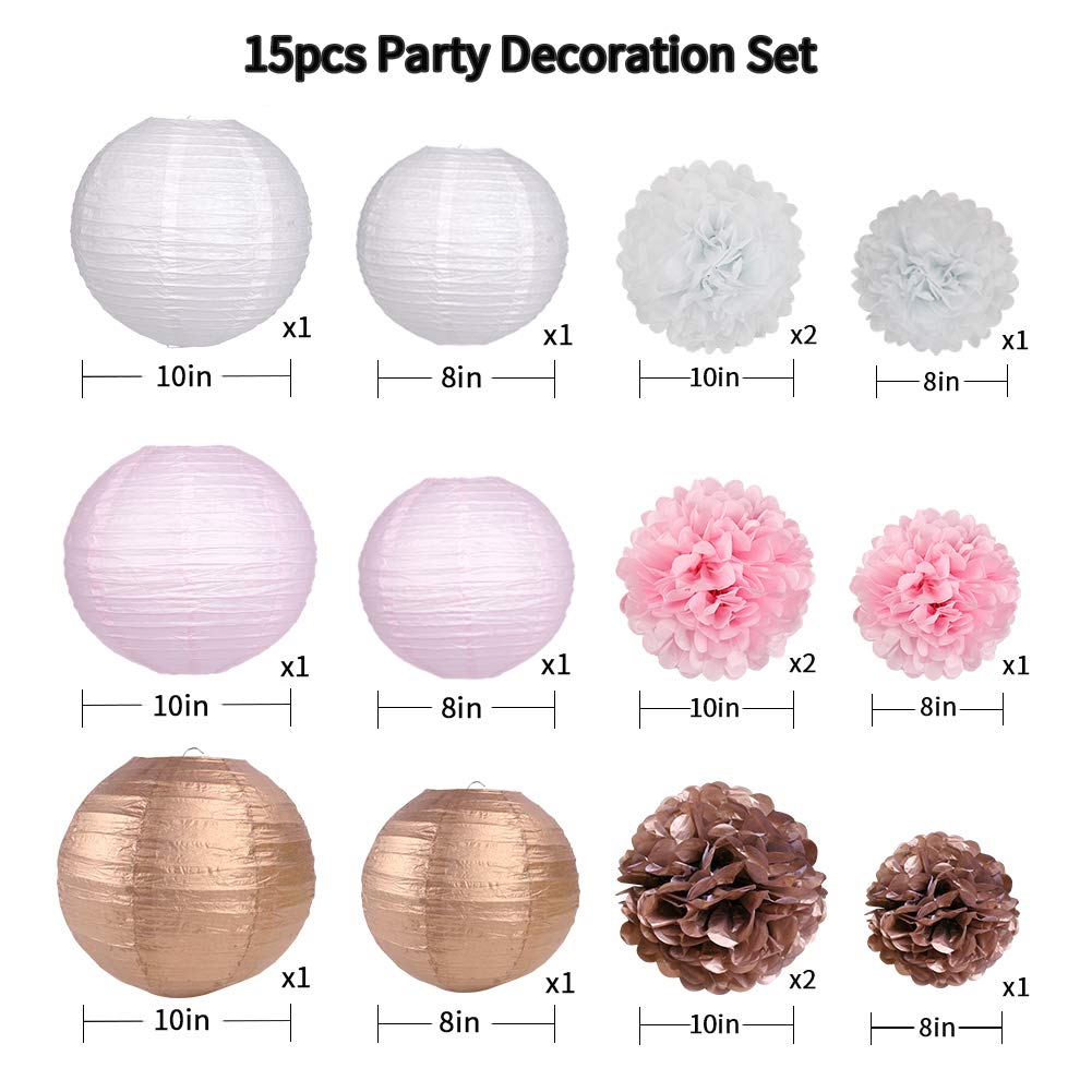 15PCS Rose Gold Party Decorations Set - Pink Rose Gold Paper Lanterns & Pom Poms Flowers for Birthday, Bridal Shower, Bachelorette Party | Perfect for Wedding, Baby Shower & Anniversary Decorations