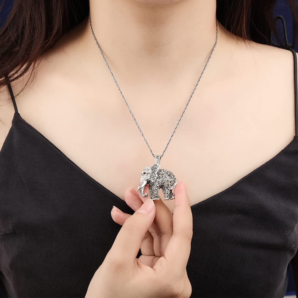 925 Sterling Silver Elephant Necklace for Women - Cute Marcasite Elephant Charm Pendant Jewelry - Perfect Gift for Birthday, Anniversary & Everyday Wear