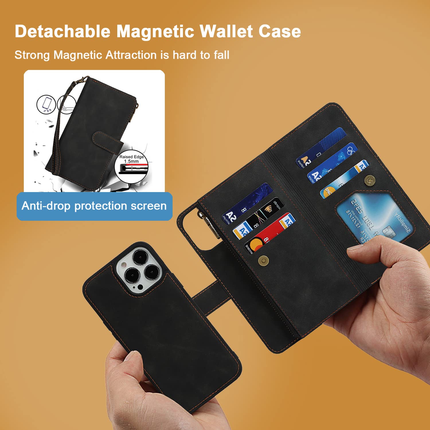 Havaya Flip Folio Zipper Wallet Case for iPhone 13 with Credit Card Slots - Black | Premium Protective Cover for Everyday Use & Travel