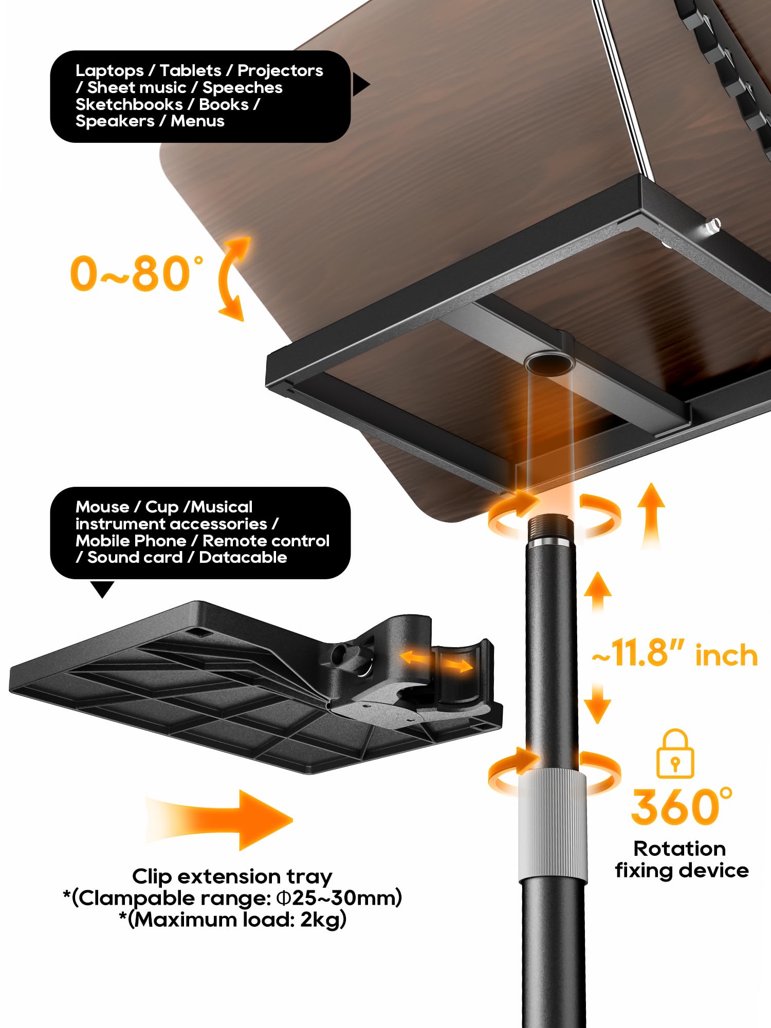 2 in 1 Adjustable Book Stand - Dual-Use Floor & Desktop Book Holder for Reading, Cooking & Work, Height Adjustable 23.5-52 inches, Elastic Page Clips for Music Sheets, Recipes, Tablets & Laptops - Black | Perfect for Home Office, Kitchen & Music Practice