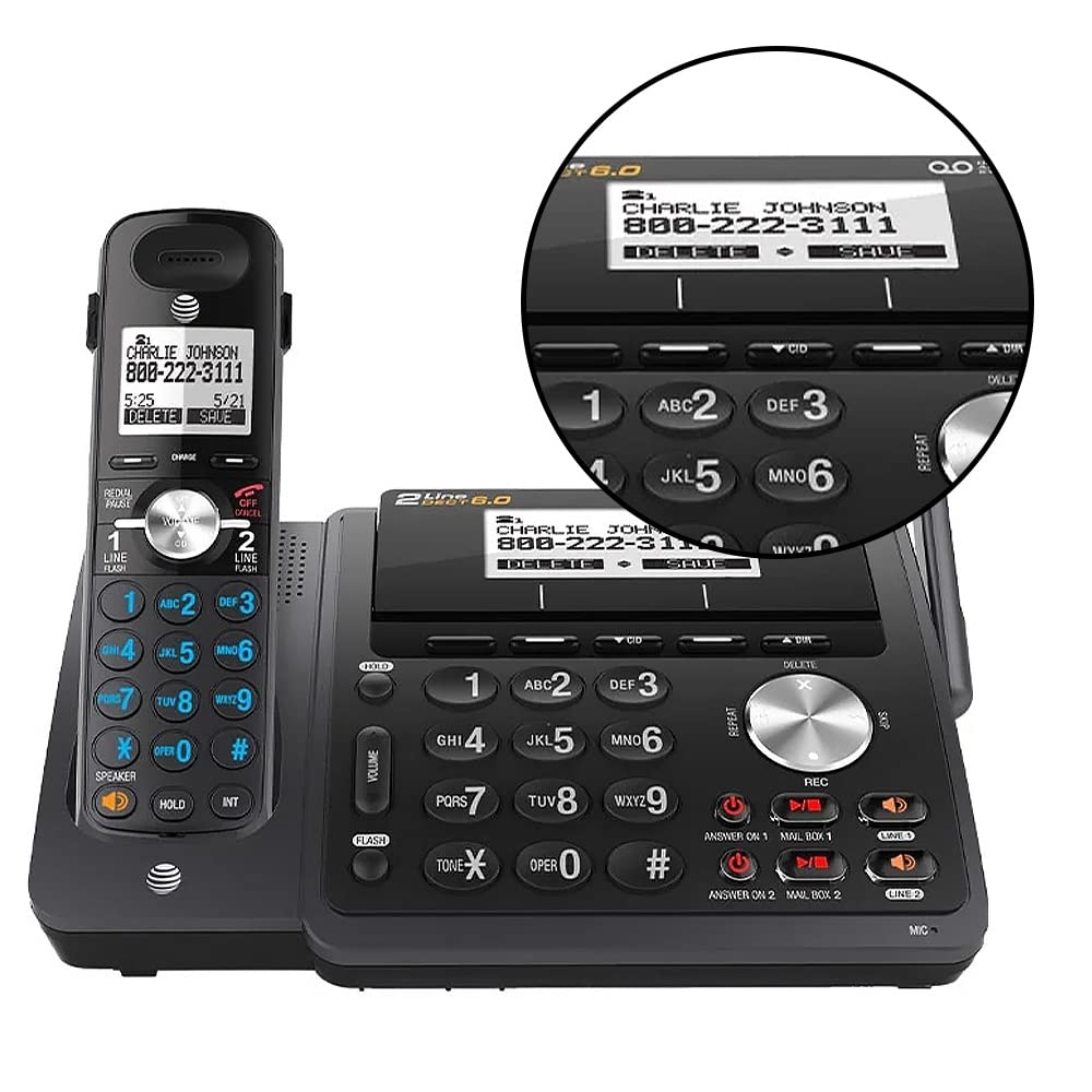 AT&T TL88102BK DECT 6.0 2-Line Expandable Cordless Phone with Answering System, Dual Caller ID & Call Waiting - 1 Handset, Black - Ideal for Home & Small Business Office Use