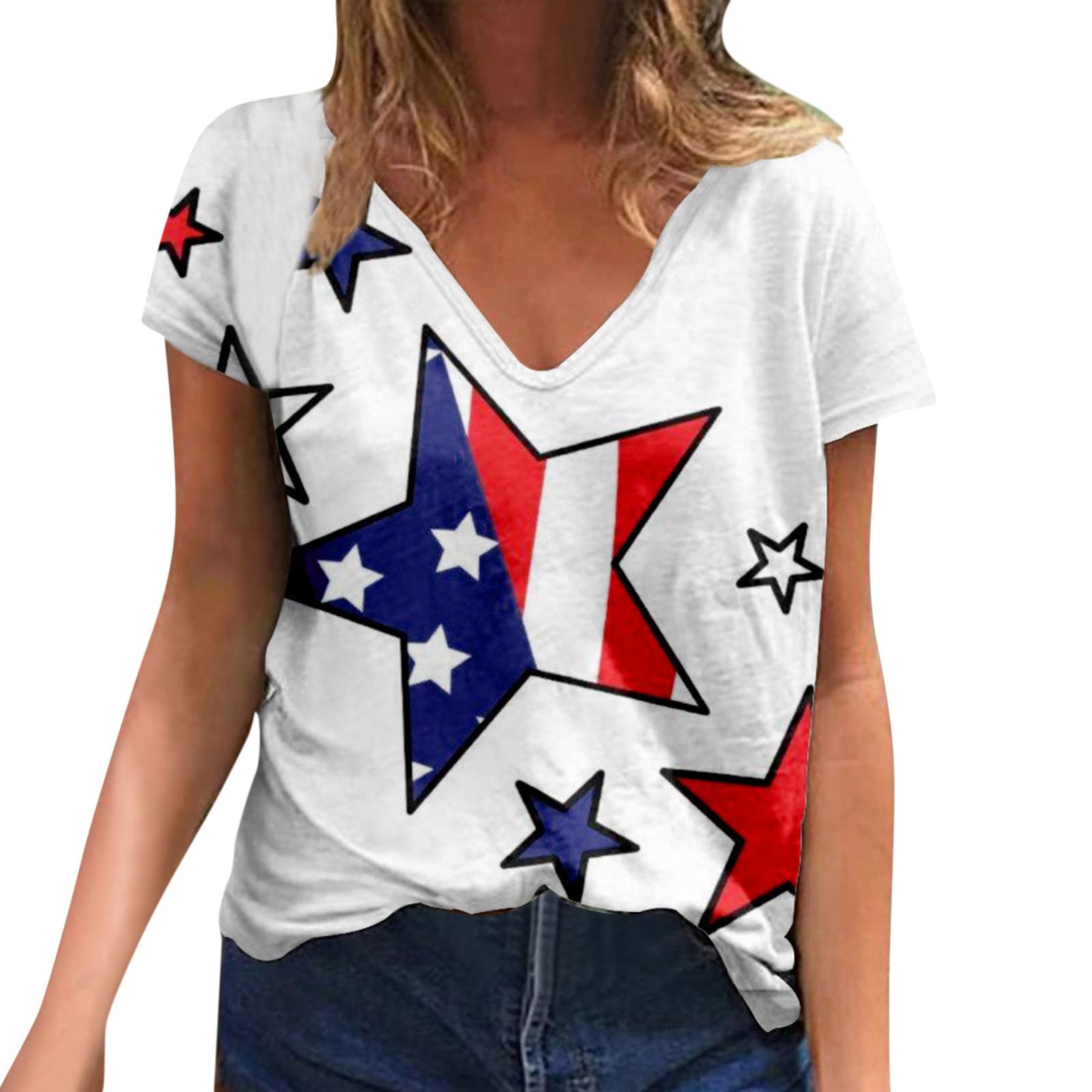 Vintage American Flag Printed Women's V-Neck Short Sleeve T-Shirt - Patriotic 4th of July Graphic Tee for Summer, Casual Wear & Independence Day Celebrations