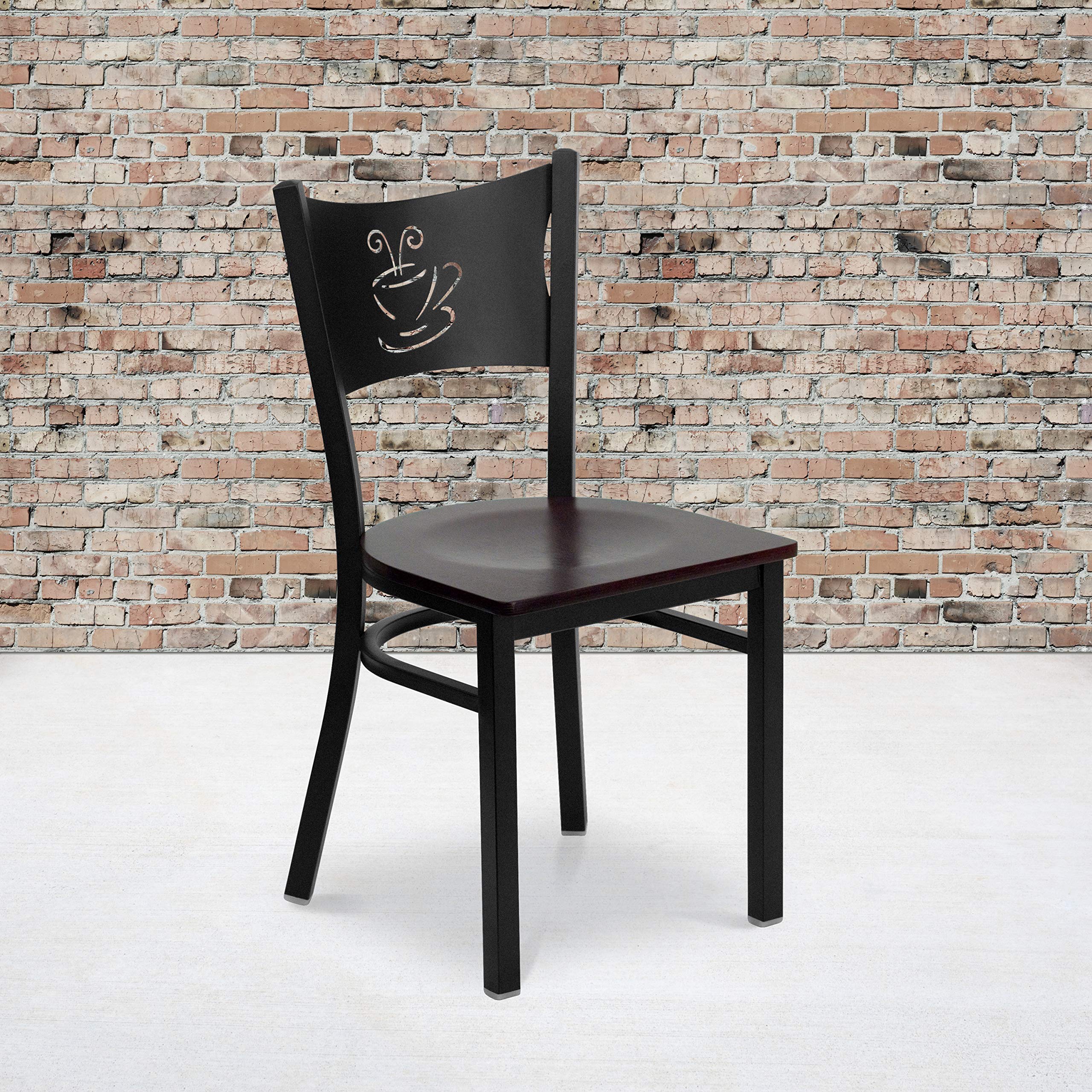 EMMA & OLIVER Black Metal Restaurant Chair with Mahogany Wood Seat - Modern Cafe Dining Chair for Restaurants, Coffee Shops, and Home Kitchens