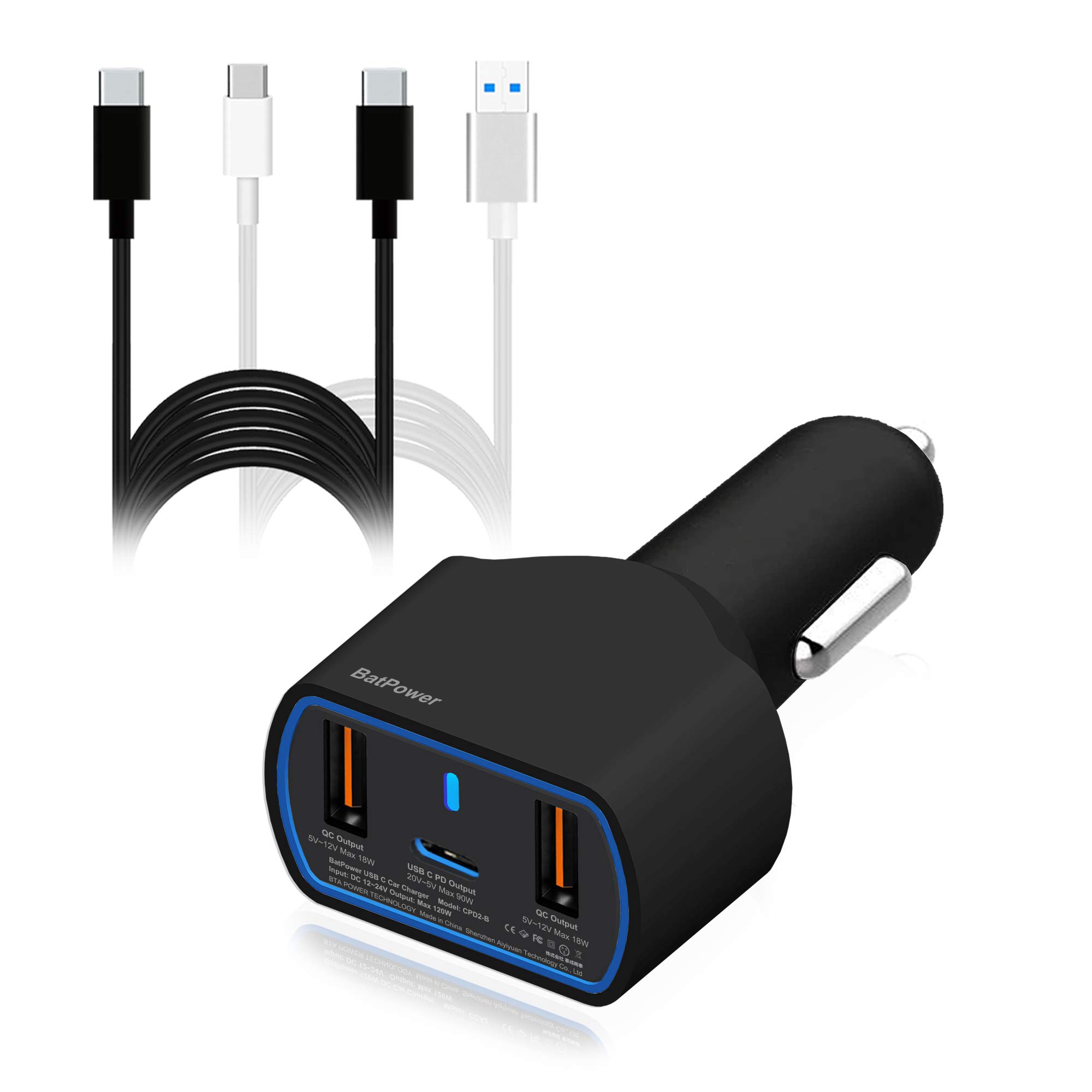 BatPower 120W High Power Delivery PD Laptop Car Charger - Compatible with Surface Book 3/2, Pro 8/7/X, HP, Razer, Dell Notebooks - Dual USB-C QC 3.0 Fast Charging for 12V-24V Vehicles - Perfect for Road Trips & Business Travel