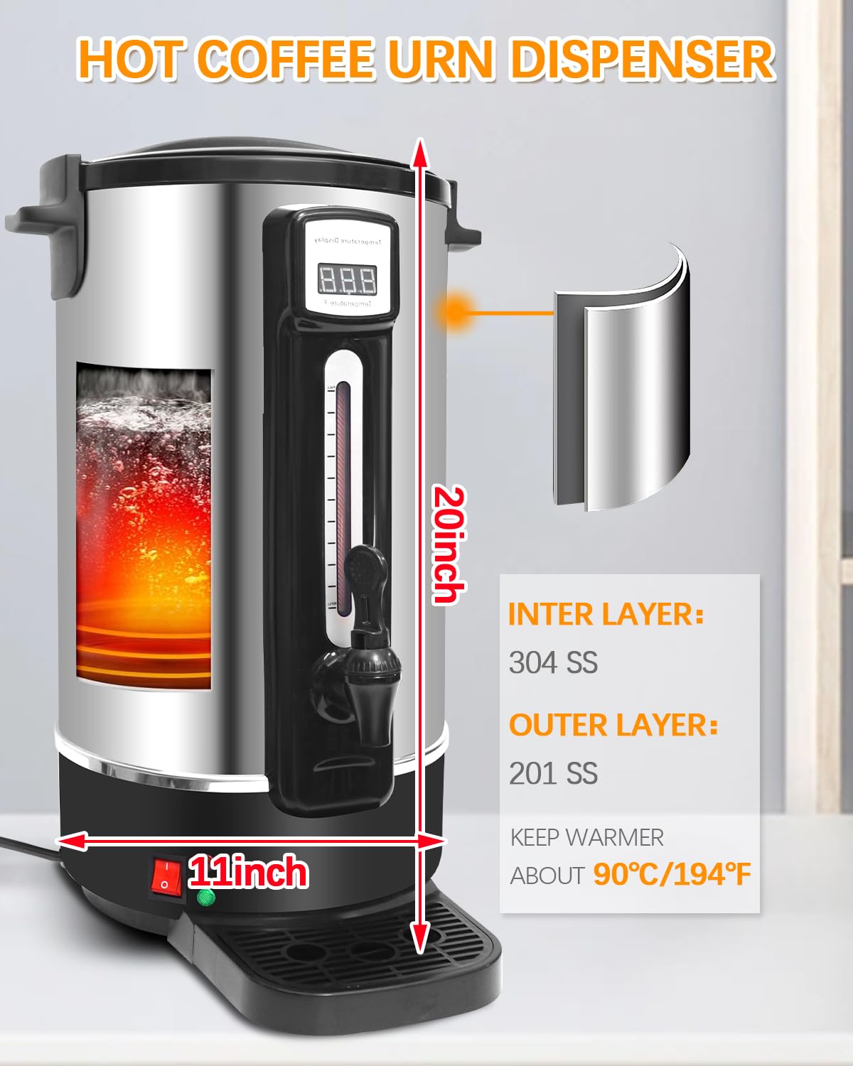 50 Cup Commercial Coffee Urn - 10L Stainless Steel Coffee Maker with Filter & Water Gauge - Fast Brewing Hot Beverage Dispenser for Restaurants, Offices & Events