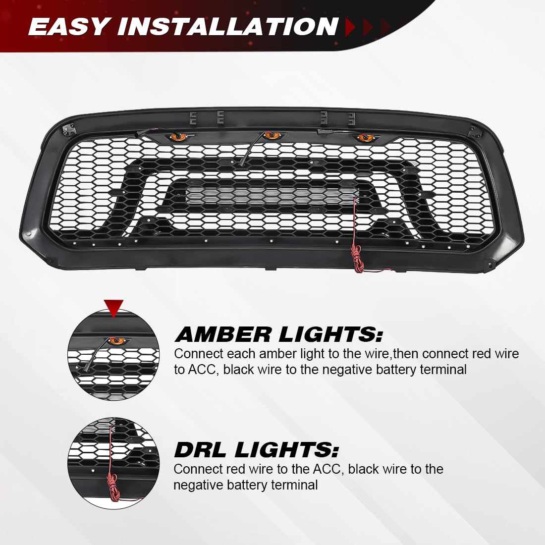 Glossy Black Front Bumper Grill Compatible with 2013-2023 Dodge Ram 1500 & Ram 1500 Classic | Off-Road Ready LED Light Bar | Perfect for Truck Upgrades & Off-Road Adventures