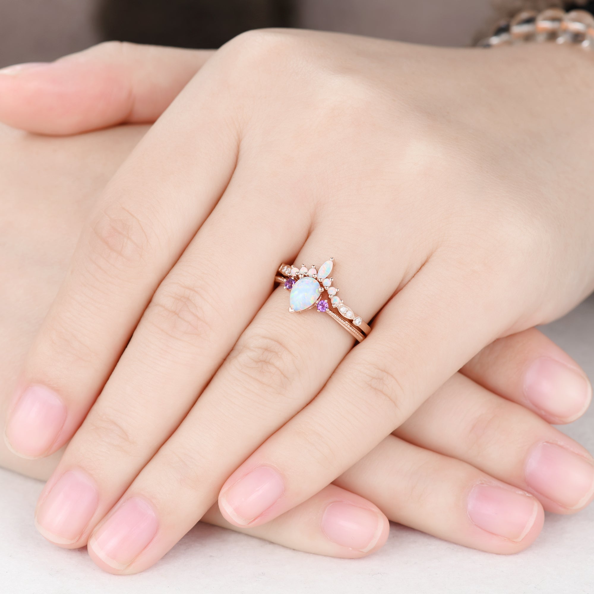 Exquisite Pear Opal Engagement Ring Set in Rose Gold with Amethyst Accents - Perfect for Wedding, Proposal & Anniversary Gifts