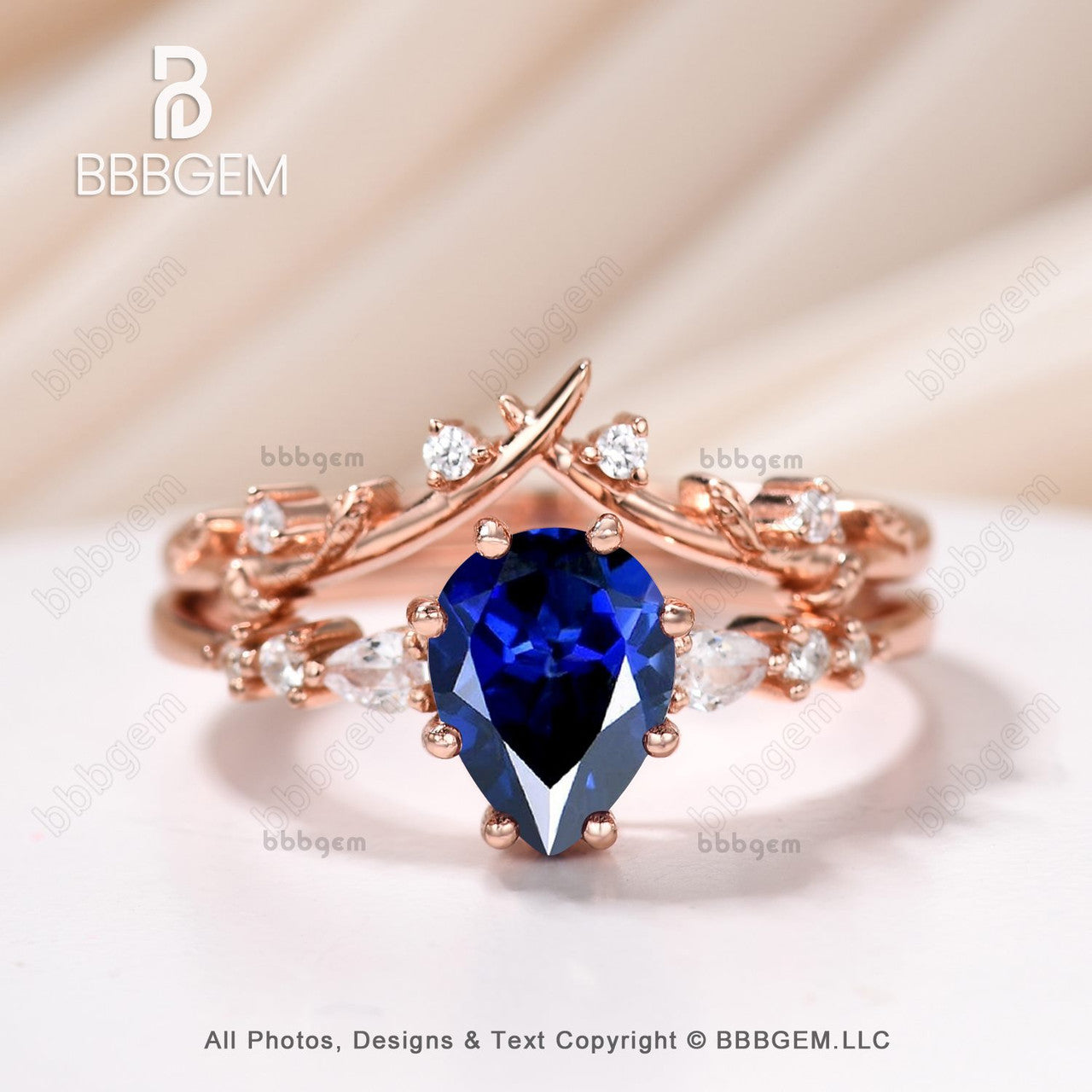Art Deco Vine Pear Blue Sapphire & Moissanite Promise Ring Set for Women - Nature Inspired Rose Gold Jewelry for Engagement, Wedding & Special Occasions