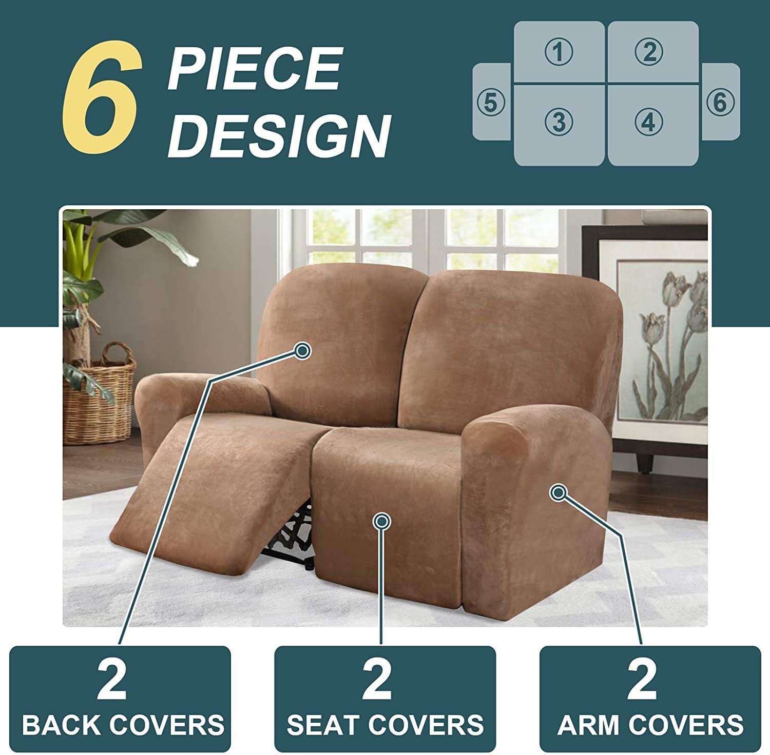 6-Piece Velvet Recliner Sofa Cover Set - Stretchable 2-Seater Loveseat Slipcover with Side Pockets - Soft Furniture Protector for Living Room, Home Theater, and Family Room (Camel Color)