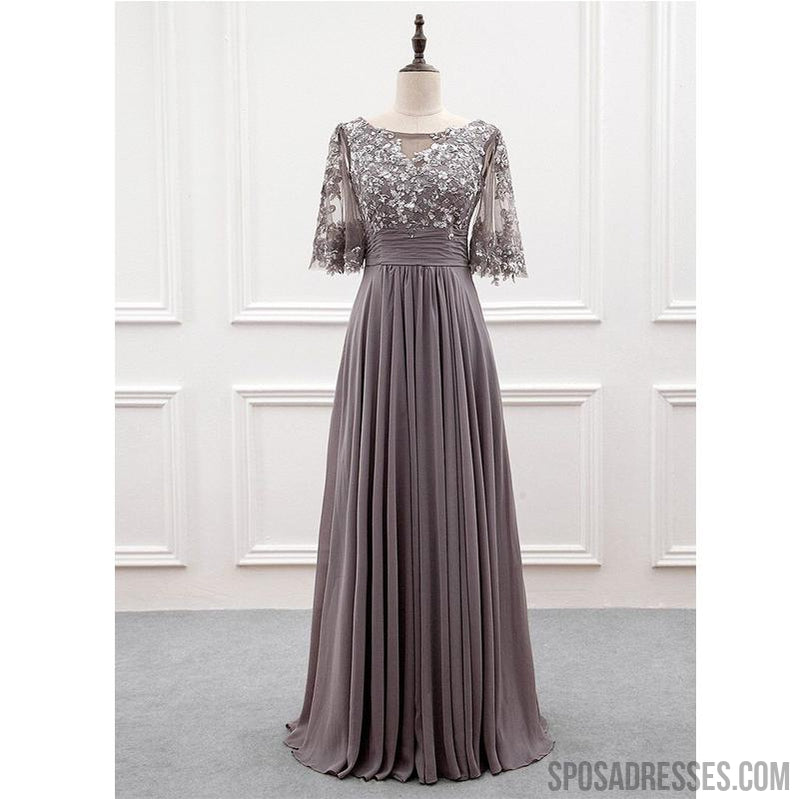Elegant Grey A-Line Half Sleeve Lace Applique Chiffon Bridesmaid Dress Gown WG1019 - Perfect for Weddings, Formal Events & Special Occasions
