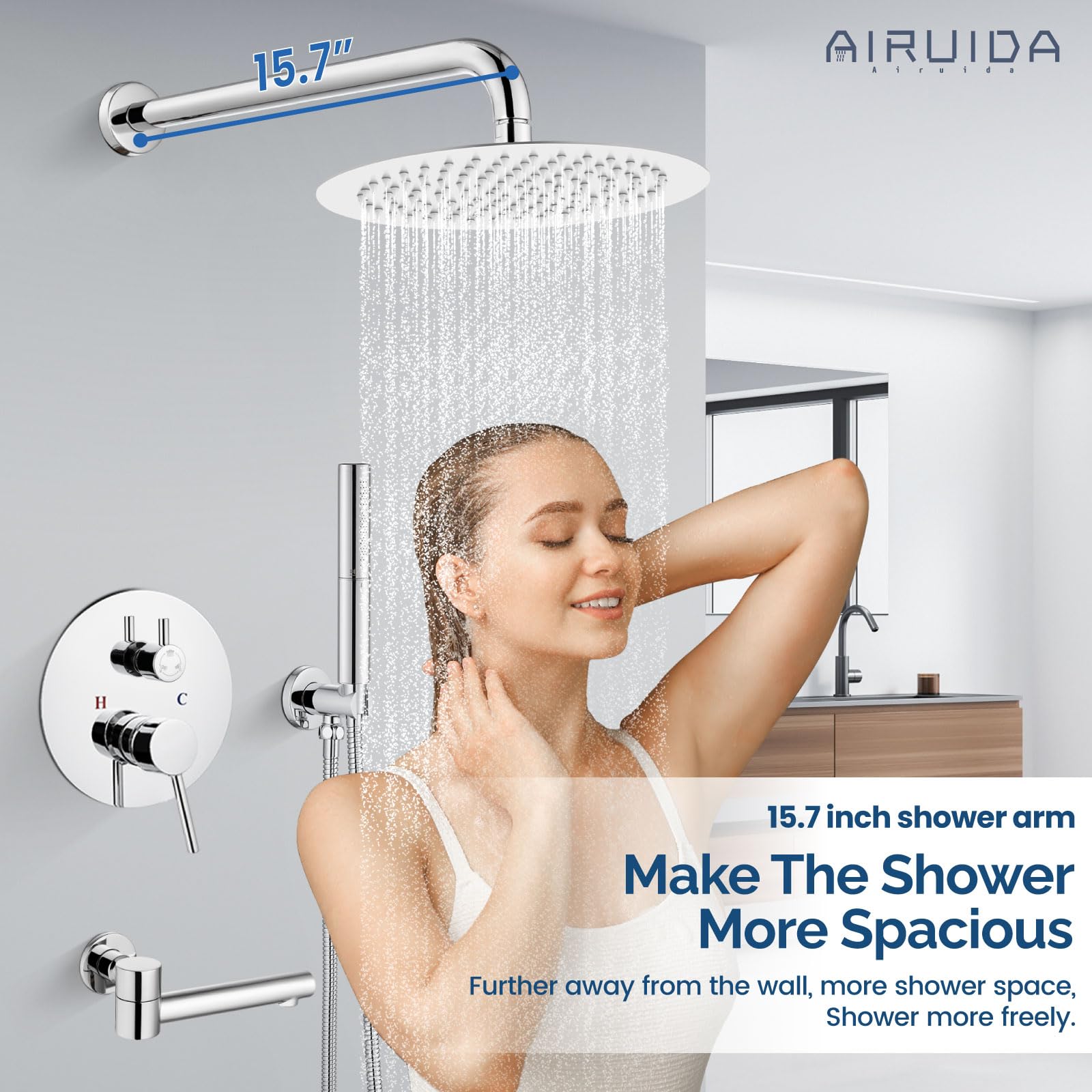 Chrome Polished 12-Inch Round Rain Shower Head & 3-Function Shower System with Handheld Spray - Airuida Tub Shower Faucet Set with Swivel Spout & Rough-in Valve for Bathroom Renovation & Spa-Like Experience