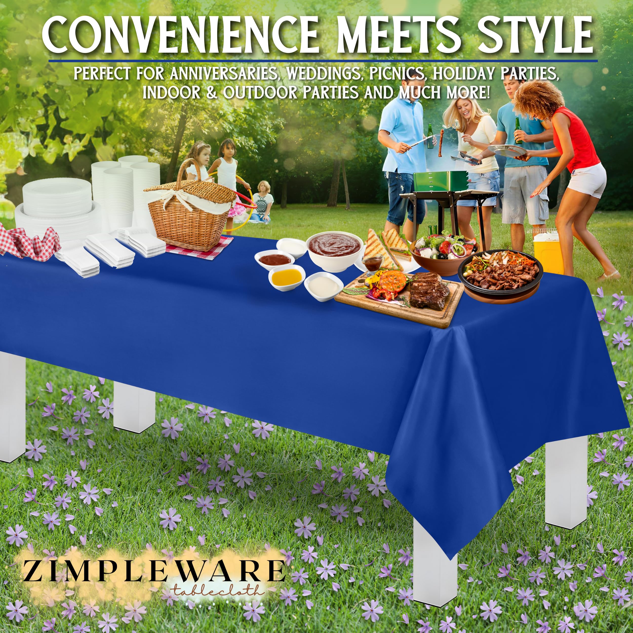 Premium Blue Disposable Plastic Tablecloth (6 Pack) - 54x108 Inch Rectangle Table Cover for 6-8ft Tables - Waterproof & Wrinkle-Free for Parties, BBQs, Picnics & Outdoor Events