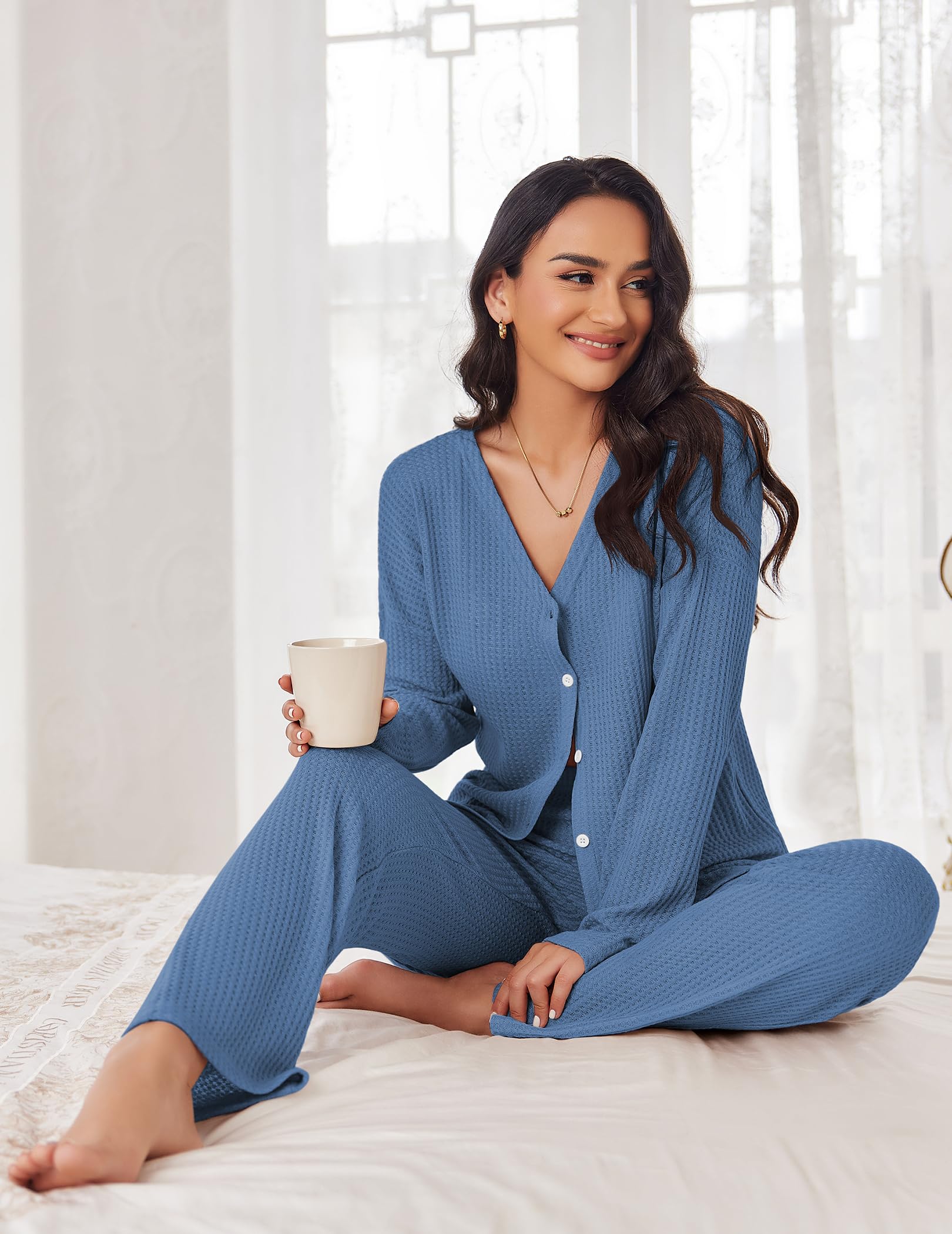 Ekouaer Women's Waffle Knit Pajama Set - Soft Button Down Sleepwear & Loungewear with Pockets | Cozy Two-Piece Pjs for Nighttime Comfort & Relaxation at Home