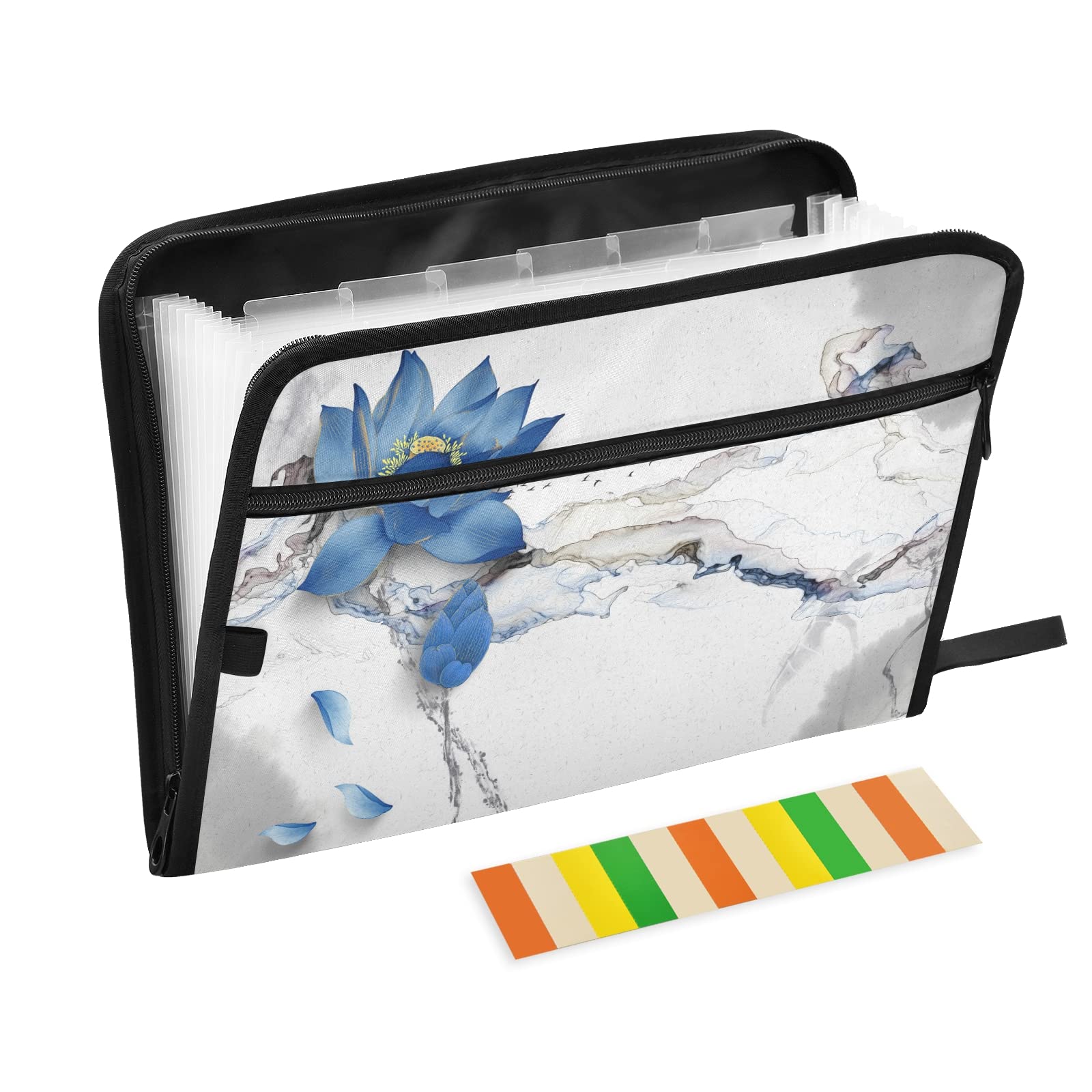 KFBE Blue Lotus Expanding File Folder - 13 Pocket Accordion Organizer with Sticky Labels & Zipper Closure for Letter/A4 Documents | Office, School & Home Organization Supplies