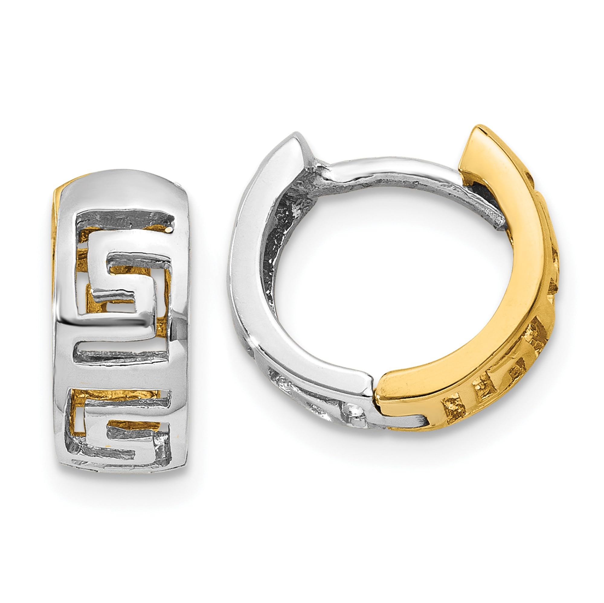 14K Solid Two Tone Gold Greek Key Hinged Round Huggie Small Mini Hoop Earrings for Women - Elegant Everyday Jewelry, Perfect for Work, Date Night & Special Occasions
