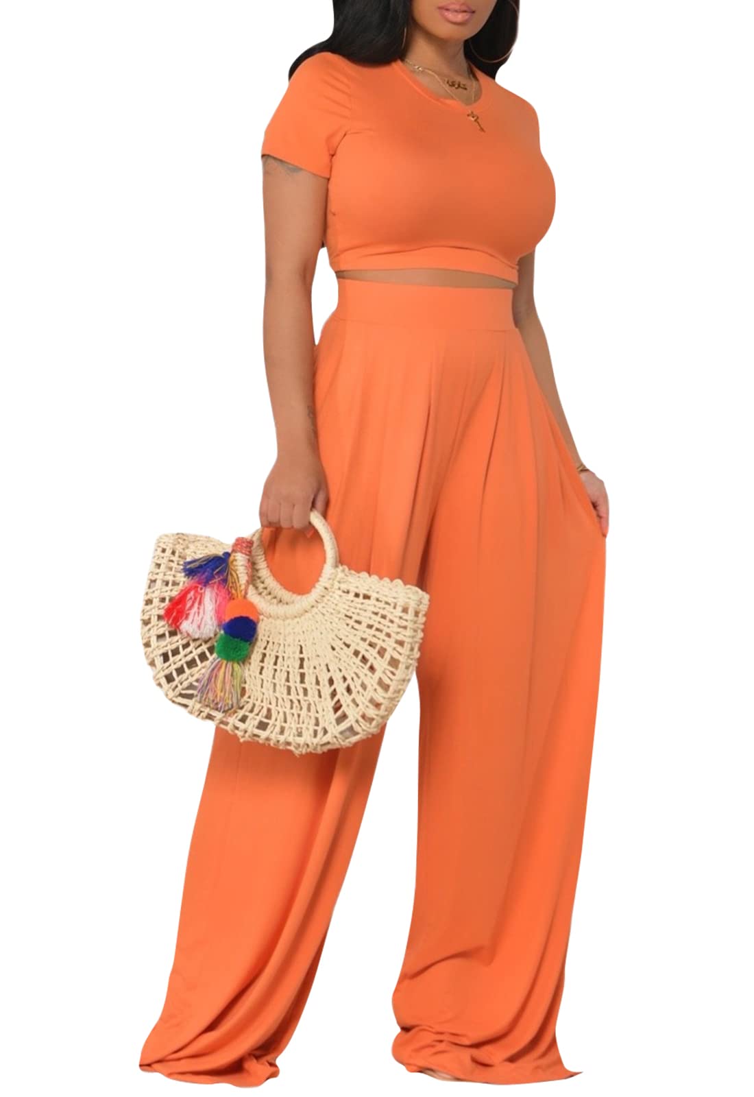 Women's 2 Piece Outfit Set - Summer Short Sleeve Crop Top & Wide Leg Pants Casual Jumpsuit | Perfect for Beach Vacation, Streetwear & Summer Fashion
