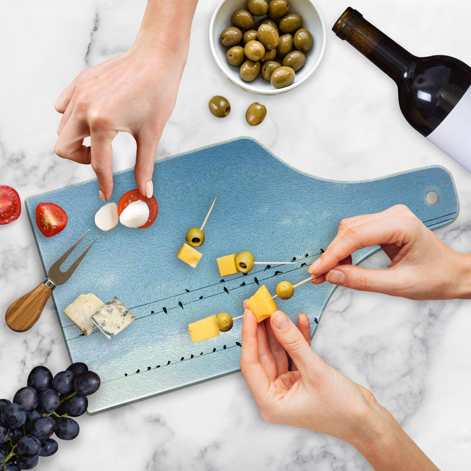Ambesonne Decorative Tempered Glass Cutting Board - Swallows on Power Cord Spring Design, Wine Bottle Shape in Pale Blue, Black & White | Perfect for Serving Charcuterie, Cheese & Entertaining