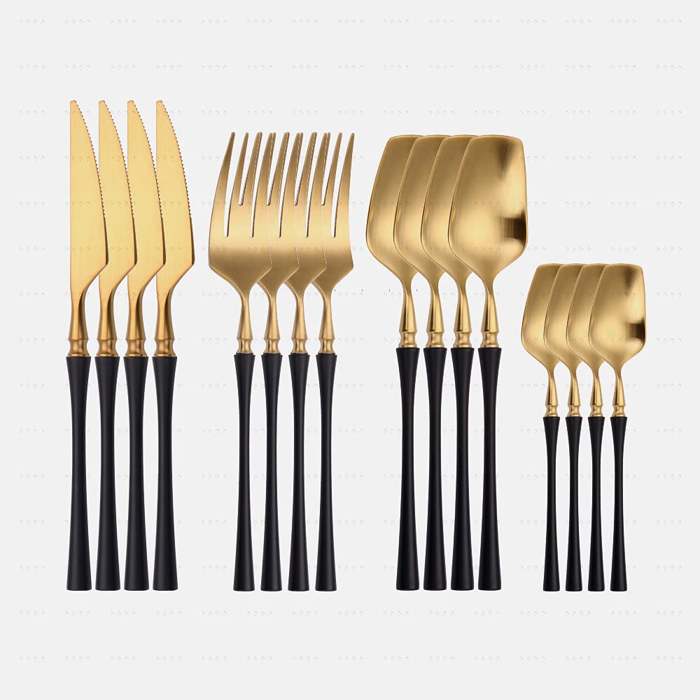 Golden Mirror Cutlery Set - 16-Piece Travel & Kitchen Flatware Utensils (Black Gold) - Perfect for Camping, Picnics, Parties & Elegant Dining
