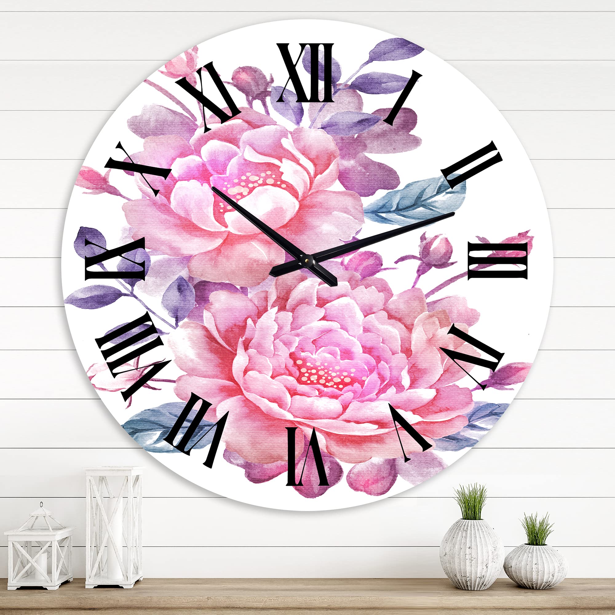 Vintage Pink Floral Wall Clock with Blue Leaves - Large Decorative Clock for Home, Office, or Living Room Decor | Perfect for Bedroom, Kitchen & Workspace