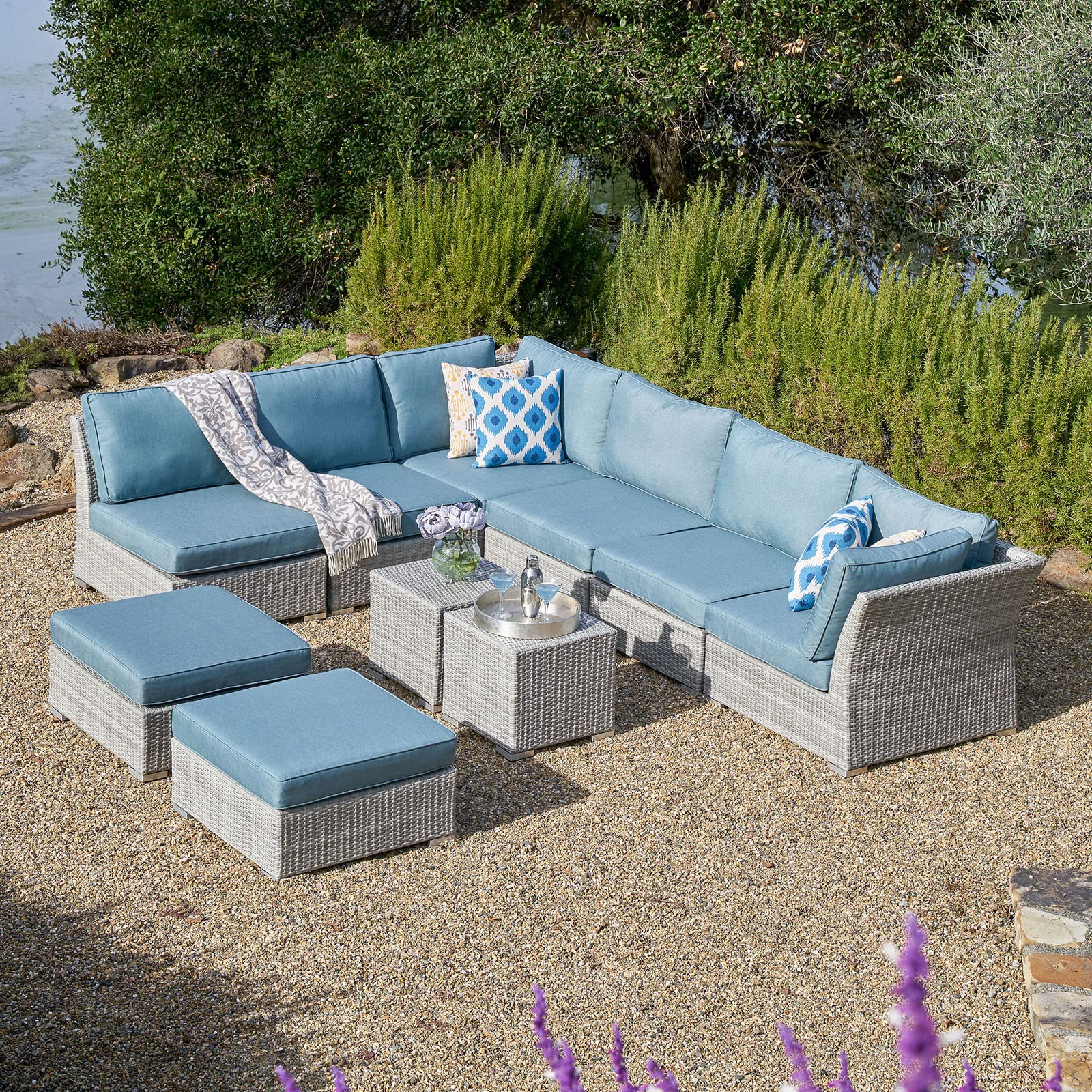 11-Piece Large Outdoor Patio Furniture Set with Fire Pit Table - 8-Seater All-Weather Wicker Conversation Set (6 Sofa Seats, 2 Ottomans & 2 Coffee Tables) for Backyard, Deck, Garden & Poolside Relaxation