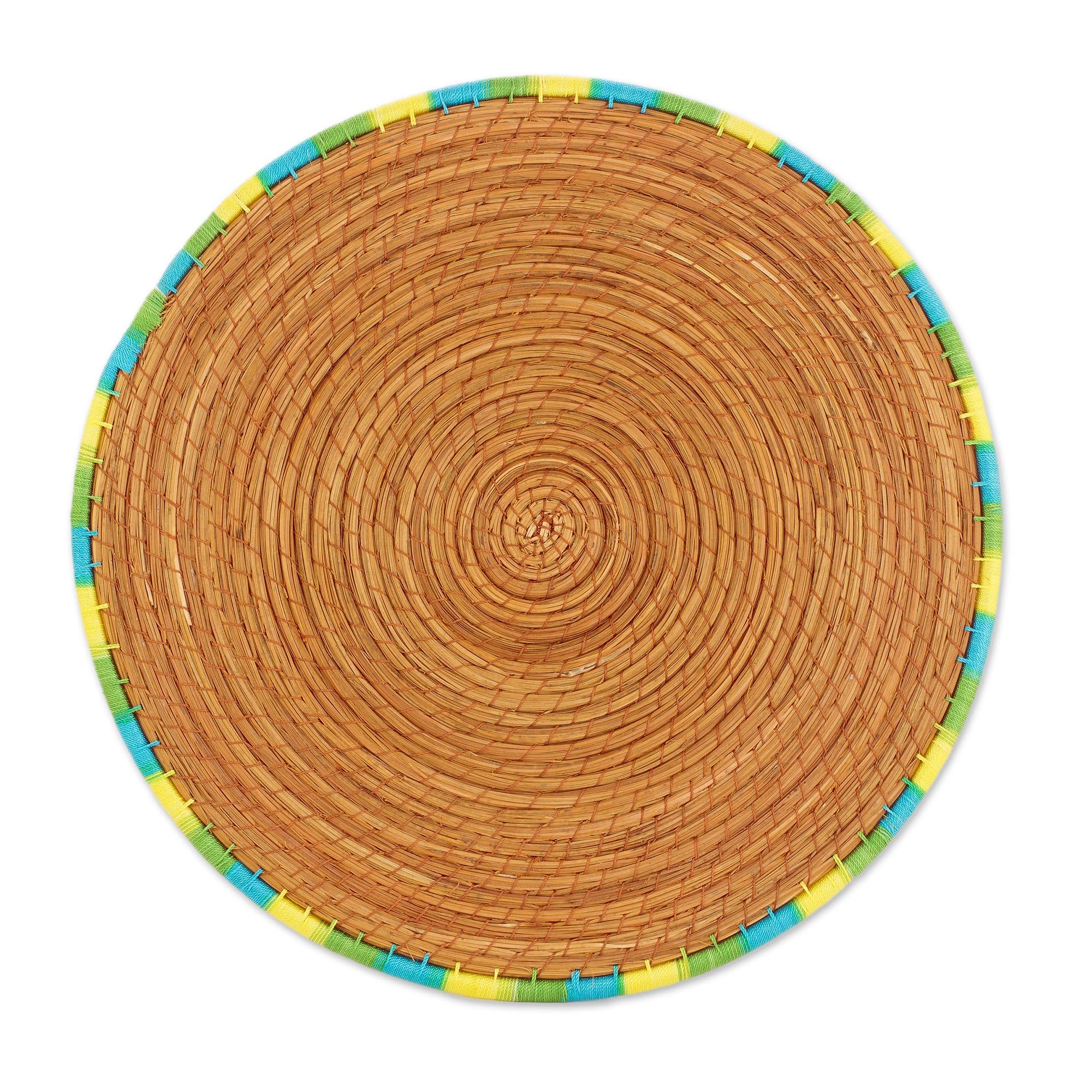 NOVICA Handwoven Pine Needle Placemats Set of 4 - Guatemalan Artisan Crafted with Blue, Green & Yellow Trim - 12.5