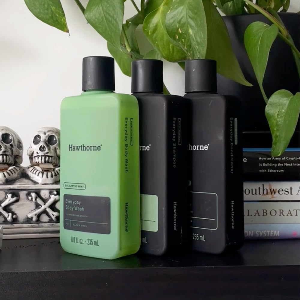 Hawthorne Everyday Shower Starter Set - Natural Eucalyptus Mint Shampoo, Conditioner & Body Wash (8 Fl Oz Each) for Daily Freshness | Hydrating Hair & Skin Care Routine | Perfect for Home, Gym & Travel Use