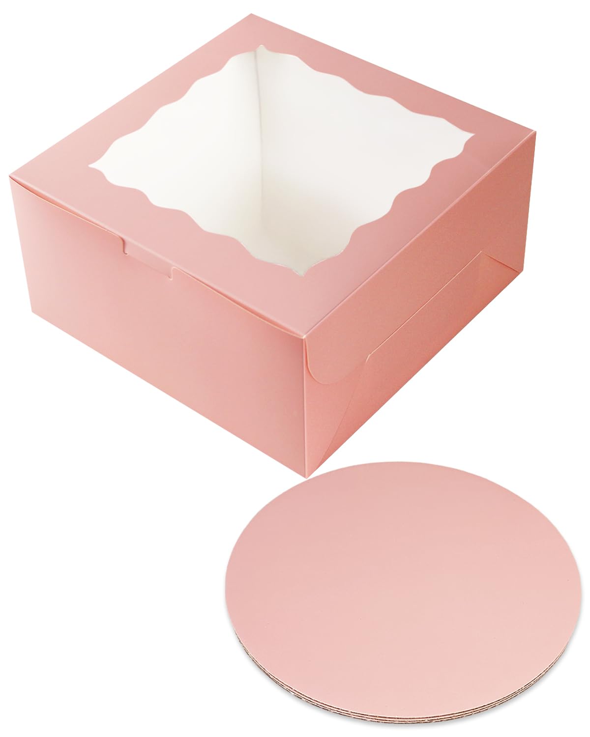 Qiqee 10x10x5 Inch Pink Cake Box with Window - 18 Sets Cake Containers & 10 Inch Round Cake Boards - Perfect for Birthday Parties, Wedding Cakes & Bakery Display