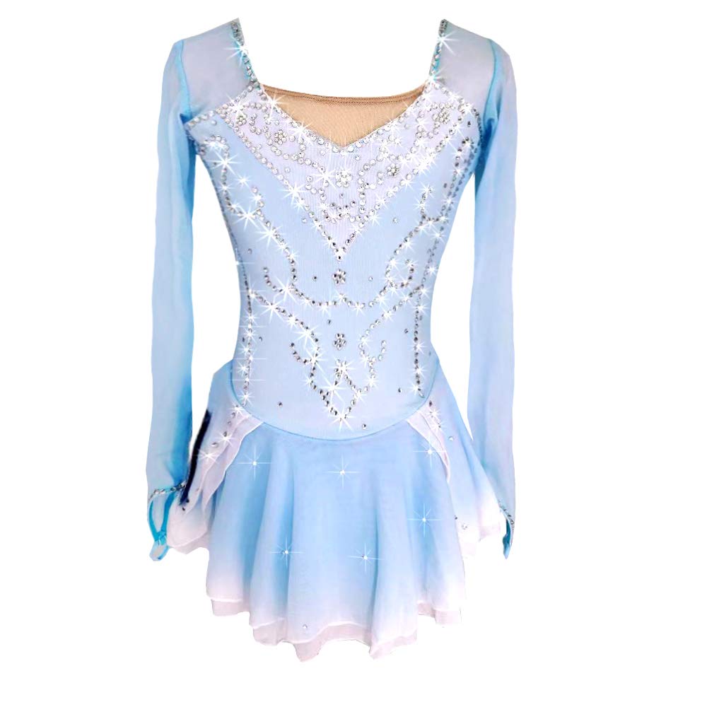 Women's Figure Skating Dress - Blue & White Spandex High Elasticity Competition Skating Wear for Girls & Adults - Perfect for Ice Skating Performances, Competitions & Practice