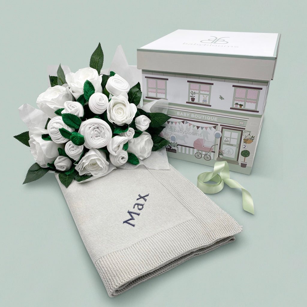 Luxury Rose Baby Clothes Bouquet & Personalized Baby Blanket - Blue | Newborn Gift Set for Baby Shower, Christening & Photography Props