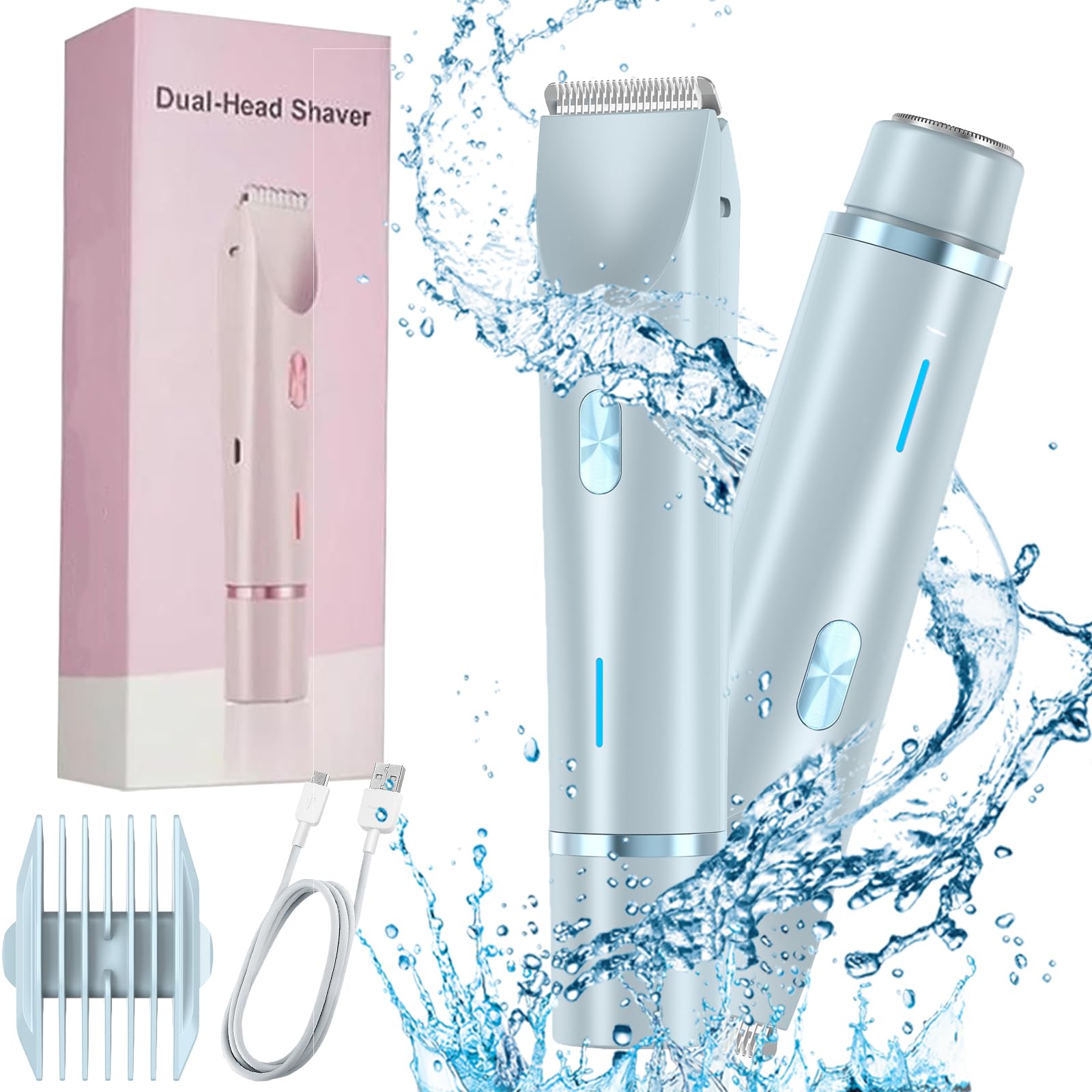 Pink Galaxy 2-in-1 Electric Razor & Bikini Trimmer for Women - Rechargeable Cordless Lady Shaver with Dual Heads for Smooth Skin - Perfect for Travel, Gym & Home Use (Blue)