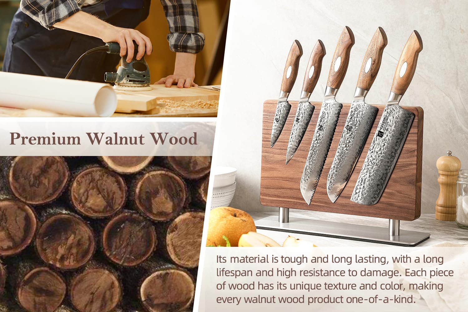 Premium Magnetic Knife Block - Natural Walnut Knife Holder with Strong Double-Sided Magnets for Countertop Storage | Perfect Kitchen Organizer for Chefs & Home Cooks | Ideal for Countertop, Kitchen Island & Open Shelf Display