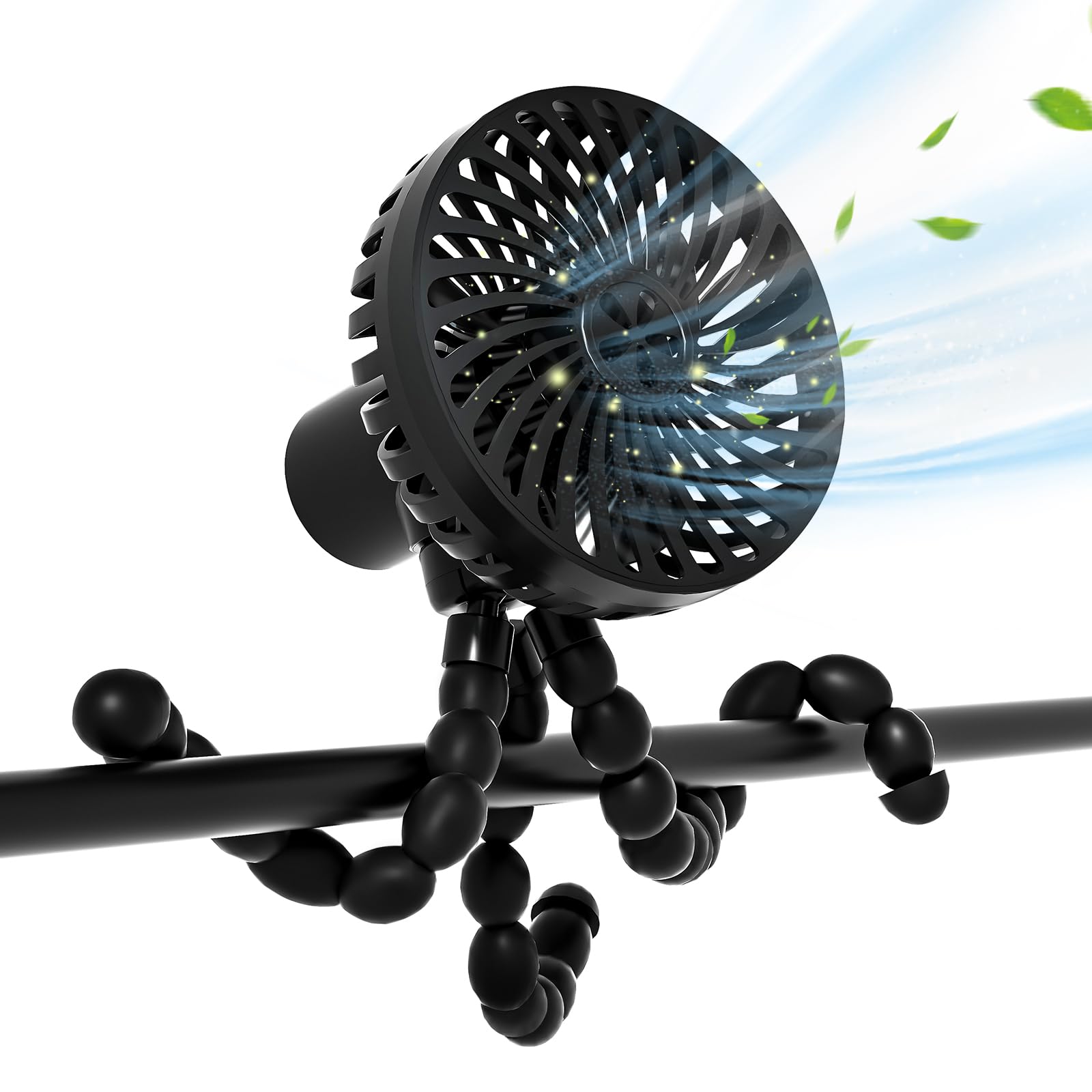 RUN HELIX Portable Stroller Fan with Flexible Tripod - 3-Speed USB Rechargeable Clip-On Fan for Baby, Car Seat, Crib, Bike & Treadmill - Perfect for Outdoor Activities, Travel & Nursery Cooling - Black