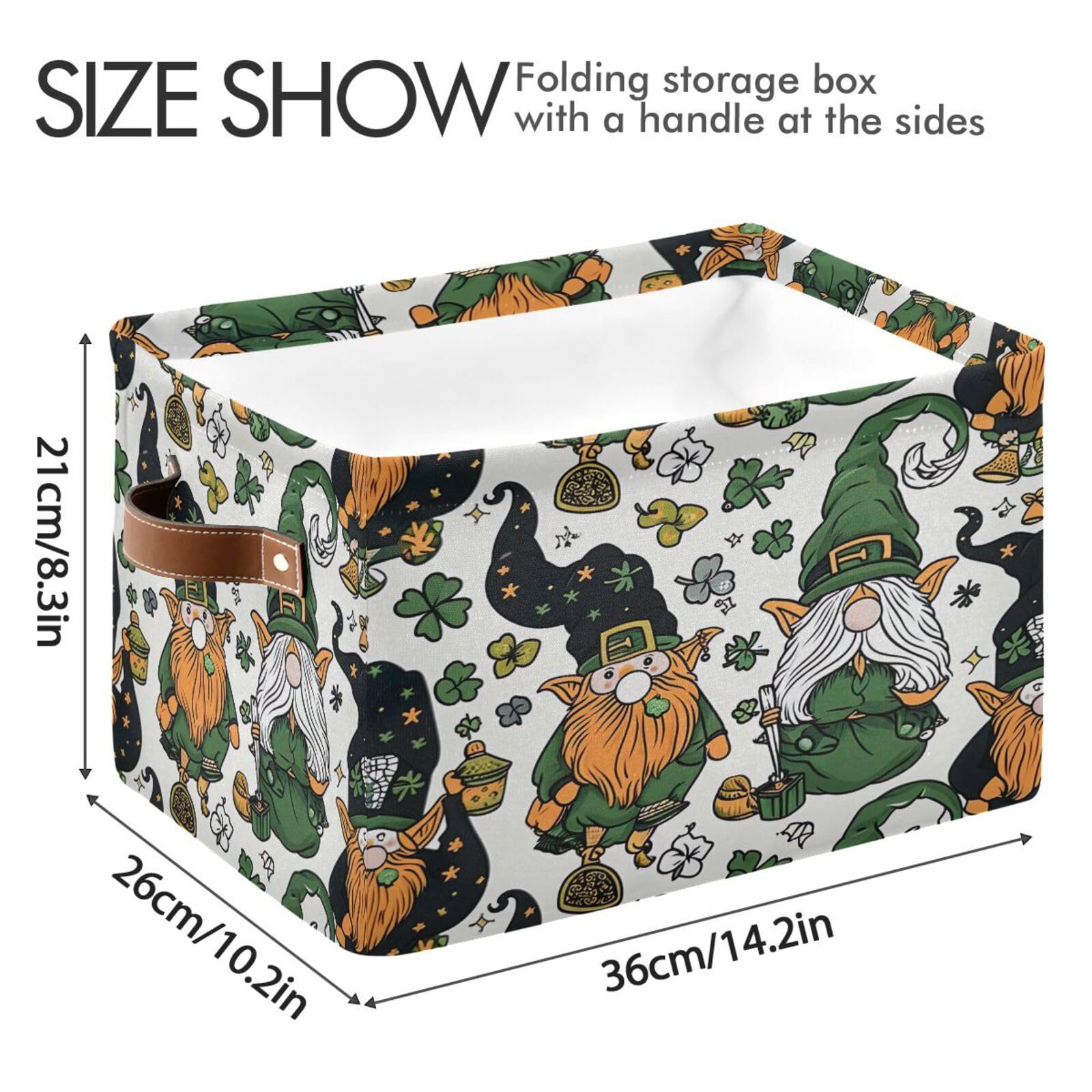 Qilmy St. Patrick's Day Gnome Storage Basket 2 Pack - Collapsible Canvas Rectangular Bin with Leather Handles for Closet, Office, Nursery | Perfect for Holiday Decor & Home Organization